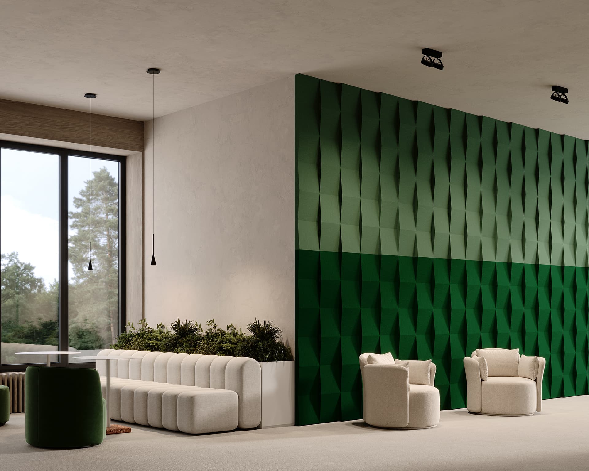 Modern interior with a green geometric accent wall of acoustic felt wall tiles, featuring a white sectional sofa and two beige armchairs. A large window reveals a view of trees, and a planter adds indoor greenery. Pendant lights hang from the ceiling.