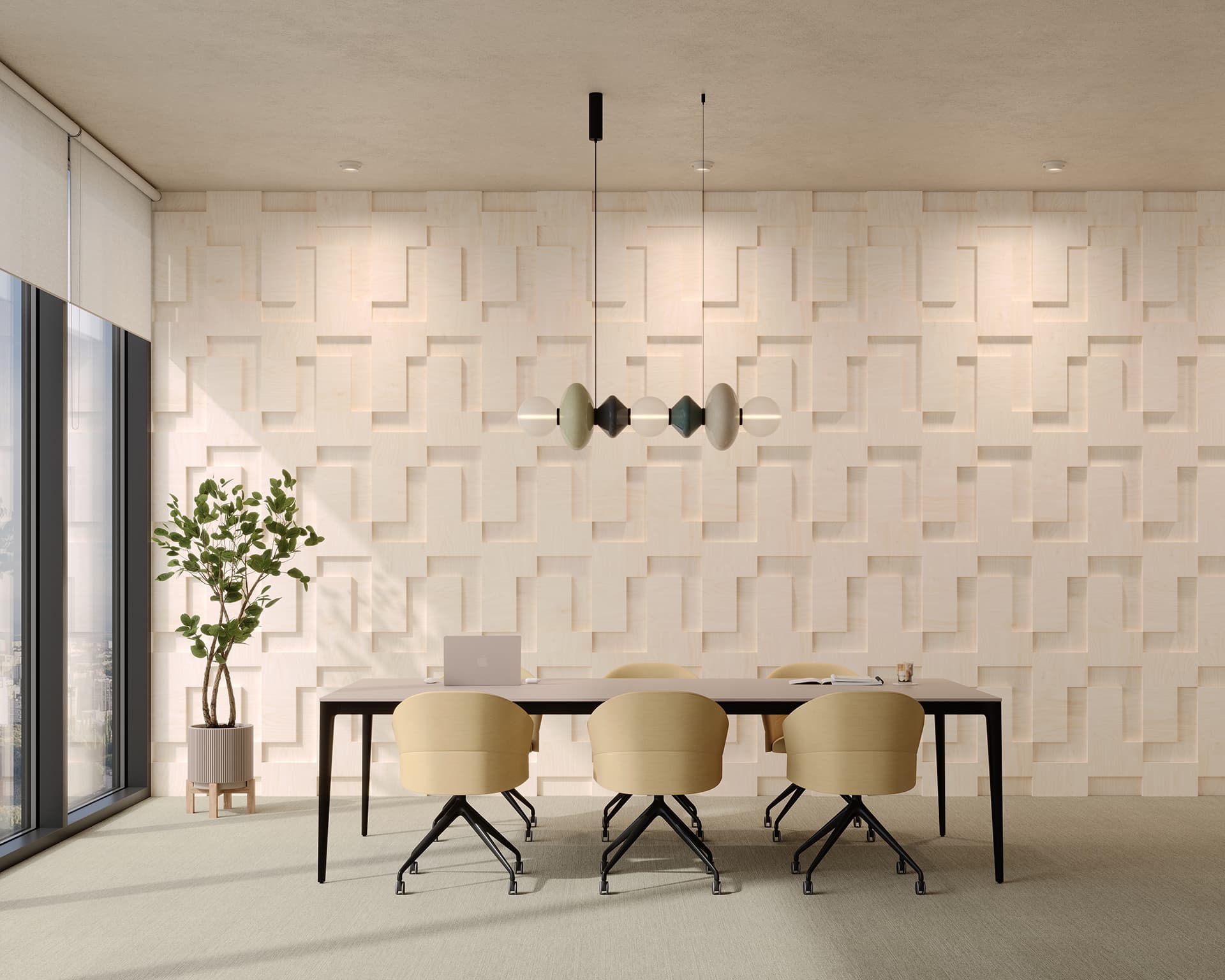 A modern conference room features woodgrain acoustic felt wall tiles, a black table with six beige chairs, and a laptop. A minimalist pendant light floats above the table. A potted plant sits by the large window showcasing city views, all in a neutral color palette.