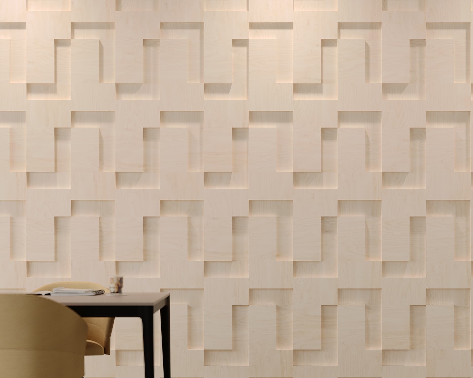 A modern interior wall showcases a geometric pattern of etched woodgrain acoustic felt wall tiles with subtle lighting effects. In the foreground, a black table with a beige chair, and some small objects are on the table. The space is minimalistic and well-lit.