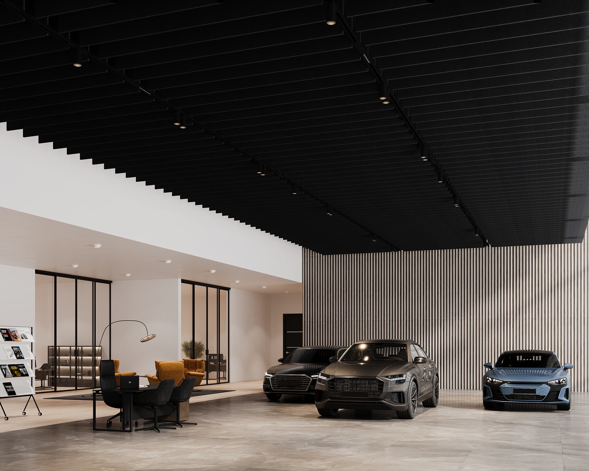 A modern showroom with three luxury cars displayed under a black acoustic felt ceiling with spotlights. The sleek, minimalist interior features acoustic felt wall panels, a seating area with yellow chairs, a floor lamp, and a magazine rack on the left, creating an inviting atmosphere.