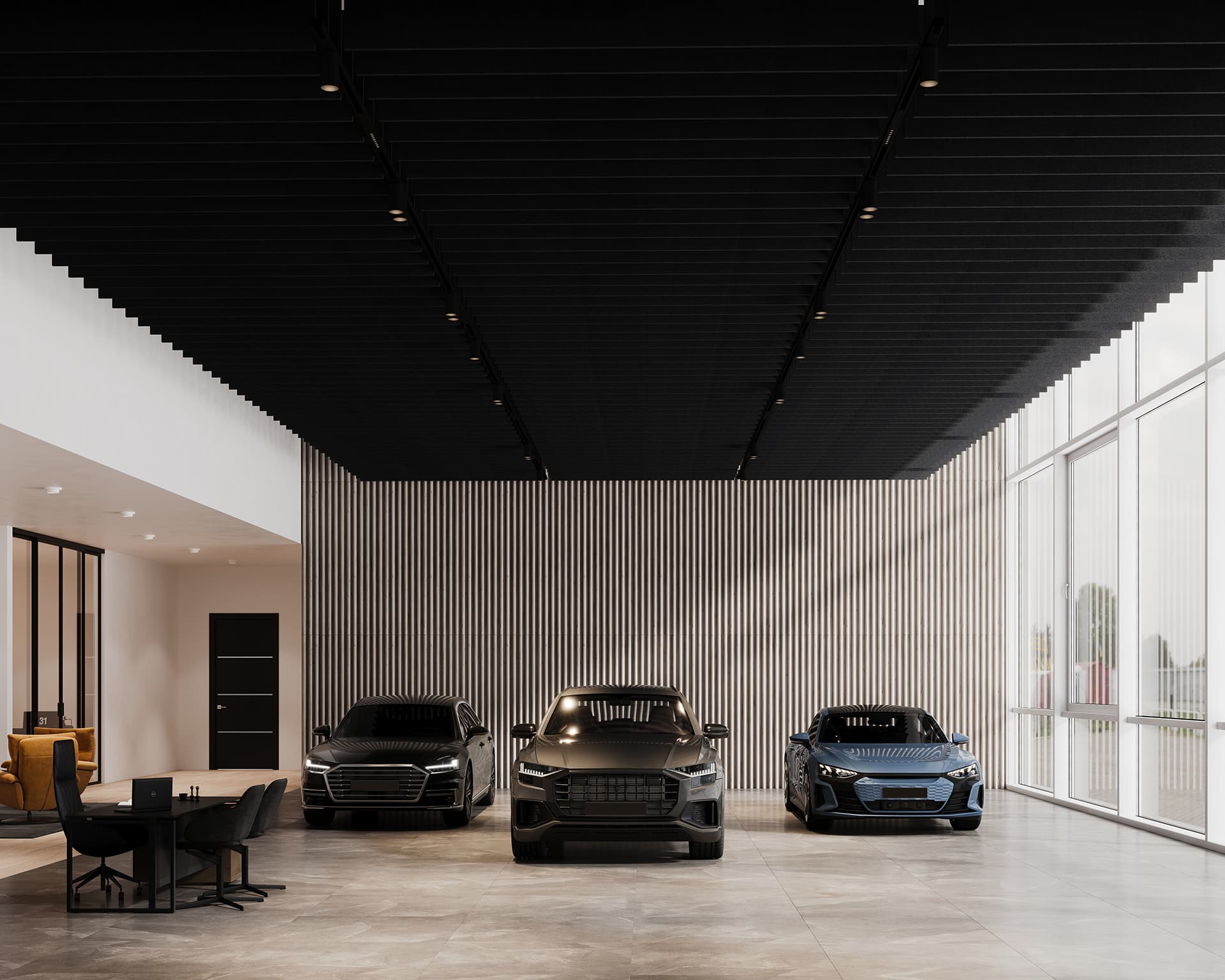 A modern showroom with three sleek cars parked in a row. The space features a high acoustic felt ceiling, large windows, and minimalist decor, including a table and chairs on the left. Vertical woodgrain acoustic felt slats line the wall, adding texture to the room's sleek design.