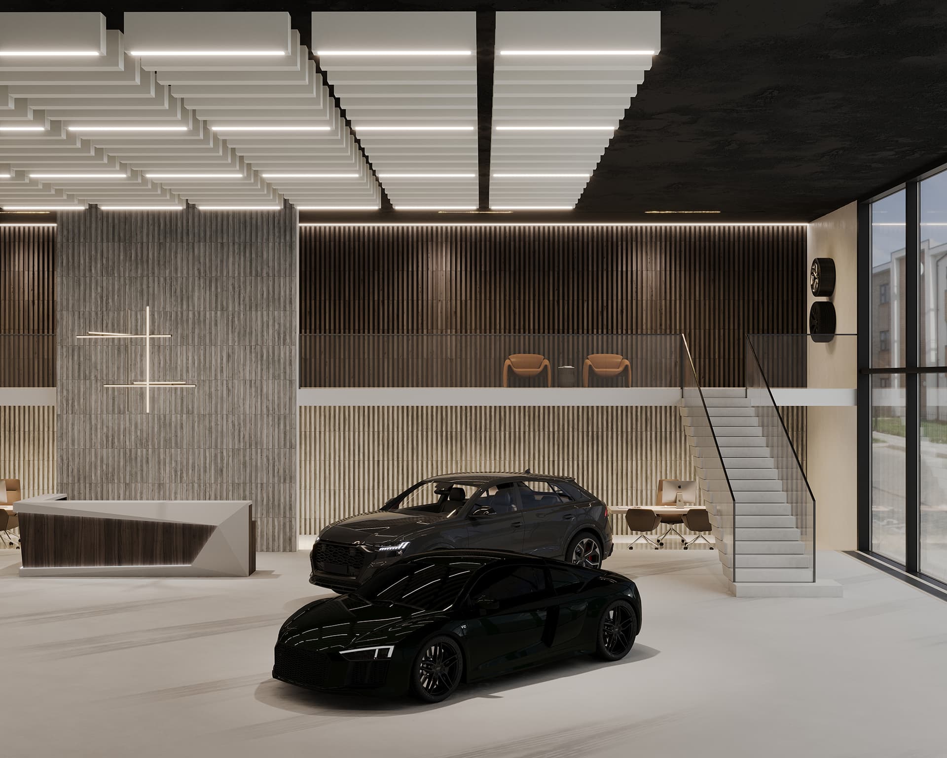The showroom interior showcases two sleek black cars, enhanced by woodgrain acoustic felt walls and a white staircase. Geometric ceiling lights and acoustic felt wall panels add modern flair, while minimalist furniture, including a desk and chairs, completes the sophisticated aesthetic with softened elegance.