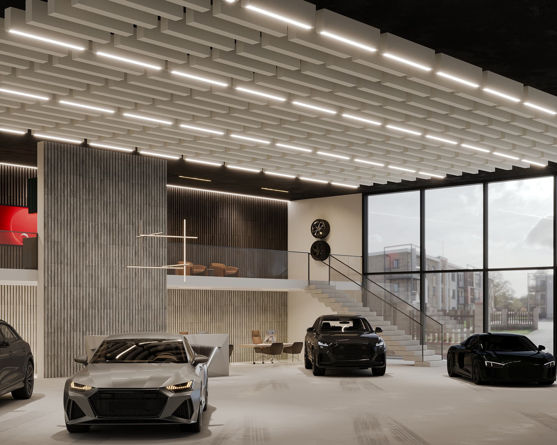 A modern car showroom with sleek architecture, featuring several luxury cars in a spacious, well-lit interior. Large windows reveal an exterior view, while acoustic felt wall panels on the mezzanine level provide both decor and sound softening alongside additional seating.