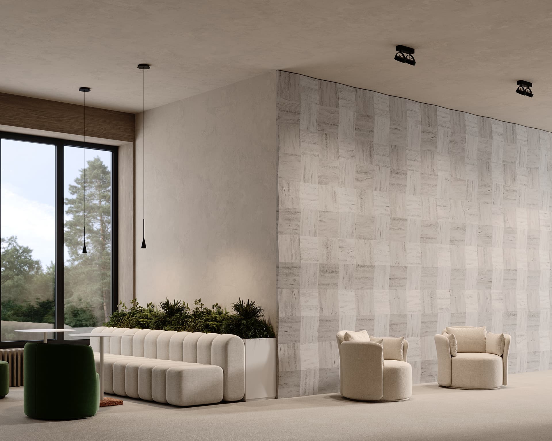 Modern interior with light gray acoustic felt wall tiles, featuring a green velvet sofa, two beige armchairs, and a plant arrangement. A large window overlooks trees as pendant lights hang from the ceiling. The space maintains a minimalist aesthetic.