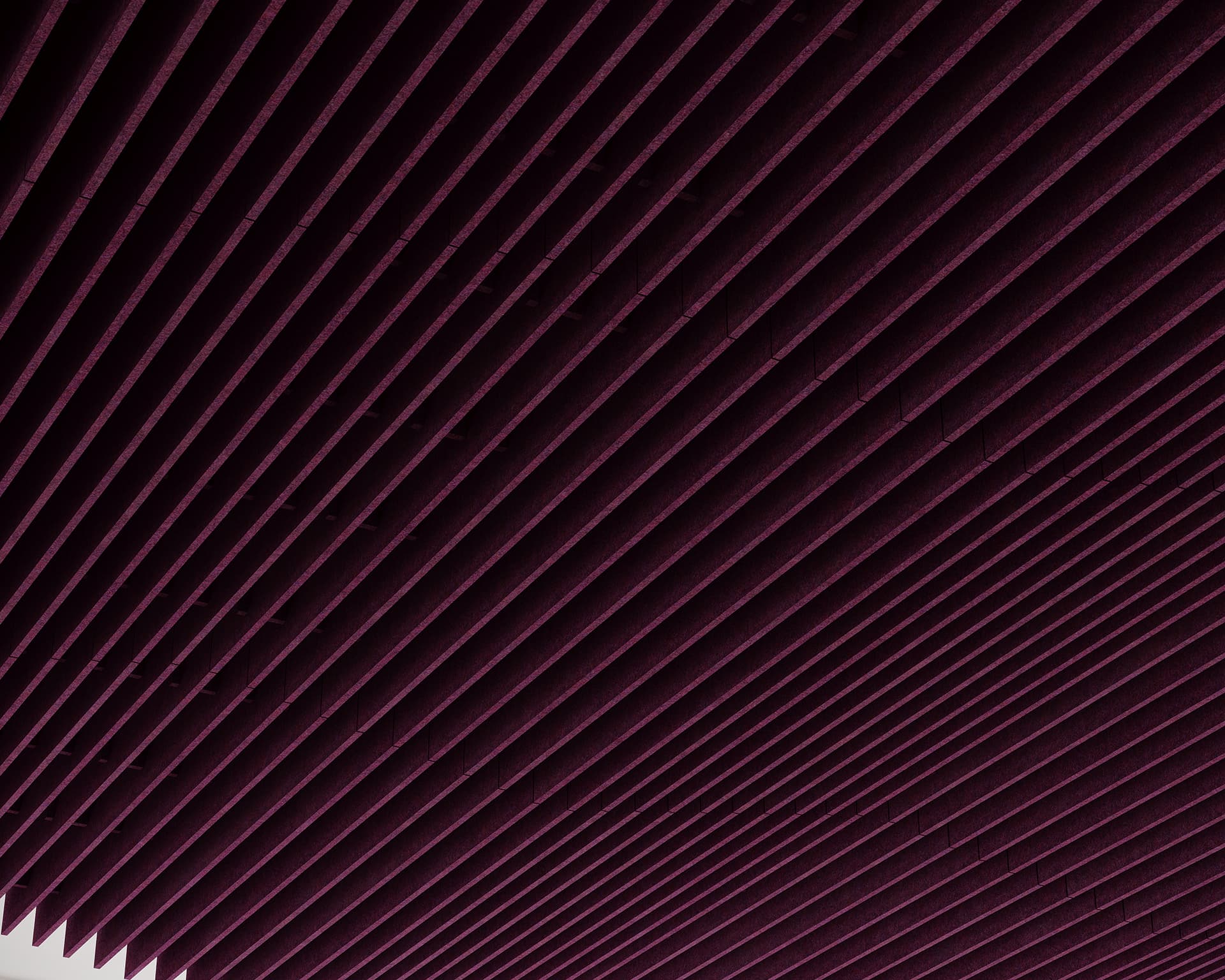 Dark purple, geometrically aligned ceiling panels create a pattern of parallel lines, leading into the distance. The perspective adds a sense of depth and repetition, with a slight shadow effect enhancing the visual texture.