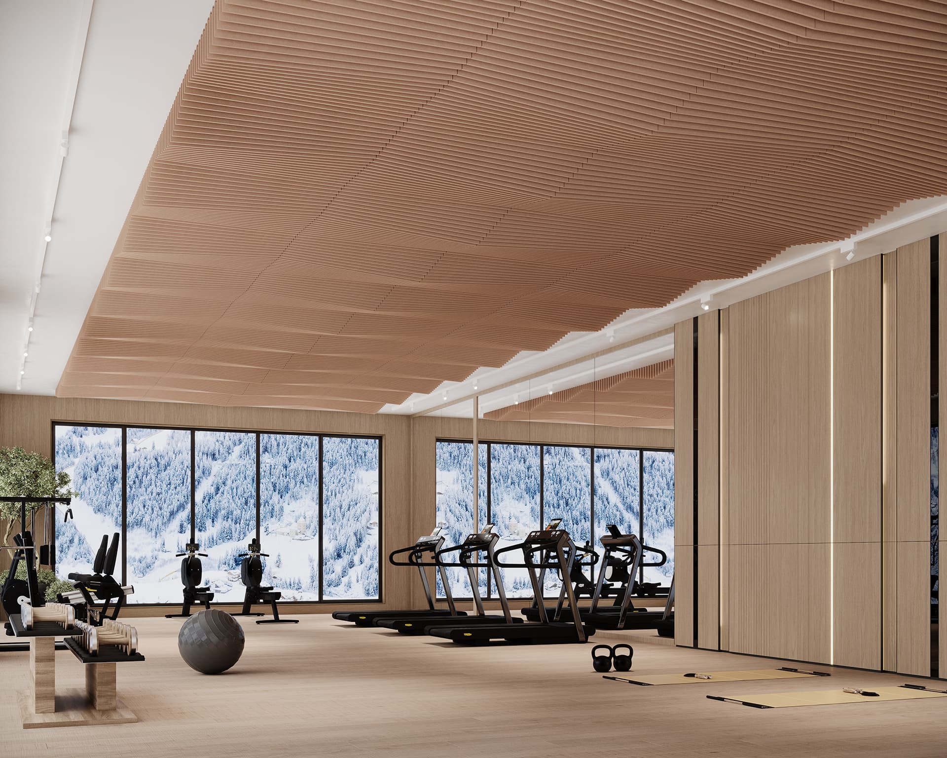A modern gym with exercise equipment including treadmills, weights, and a yoga ball. Large windows reveal a snowy mountain landscape outside. The interior features wooden floors and a slatted acoustic felt ceiling.