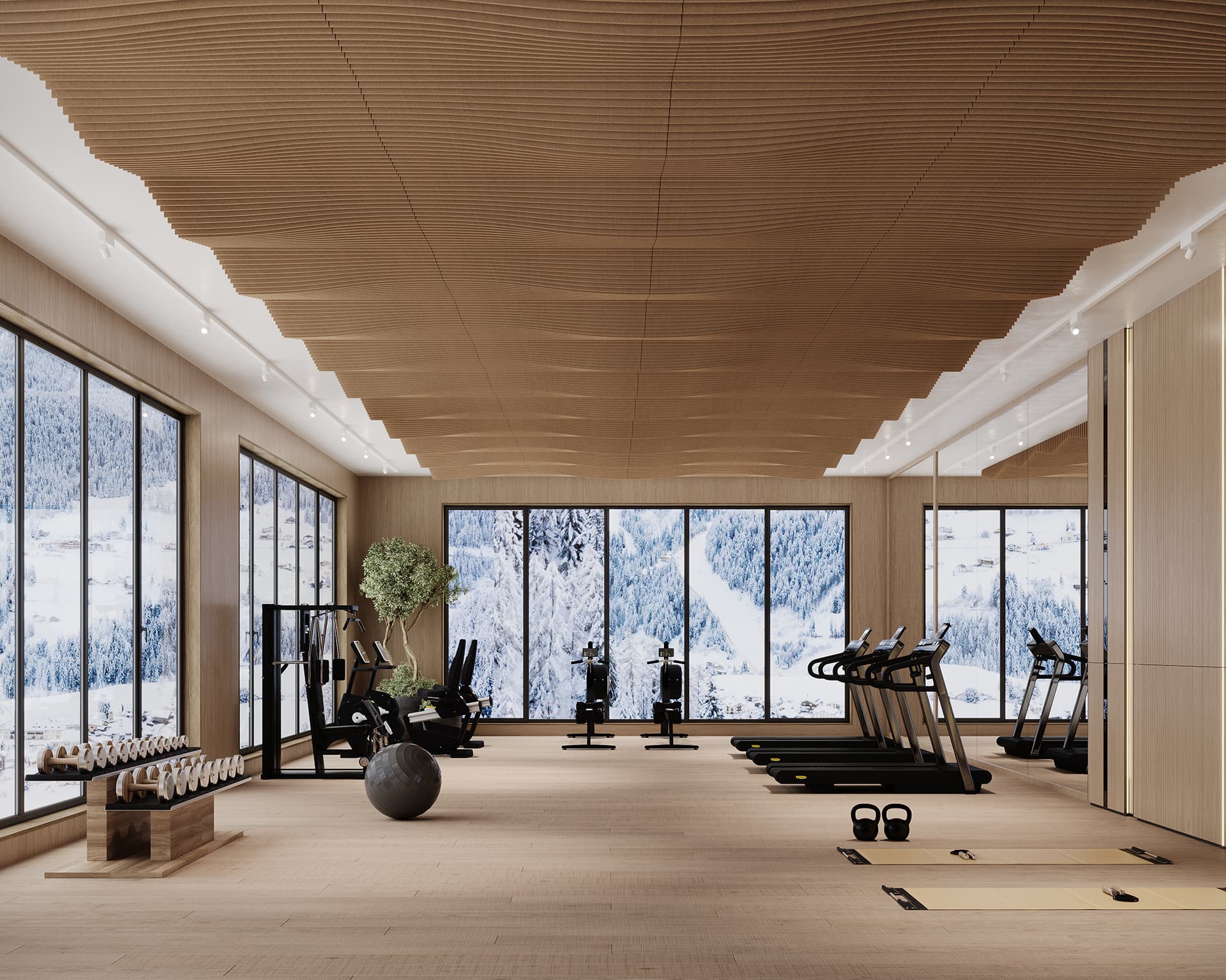 Spacious modern gym with large windows showcasing a snowy mountain view. The room has wooden floors and an acoustic felt ceiling, equipped with treadmills, stationary bikes, exercise mats, weights, a balance ball, and a tree for decor.