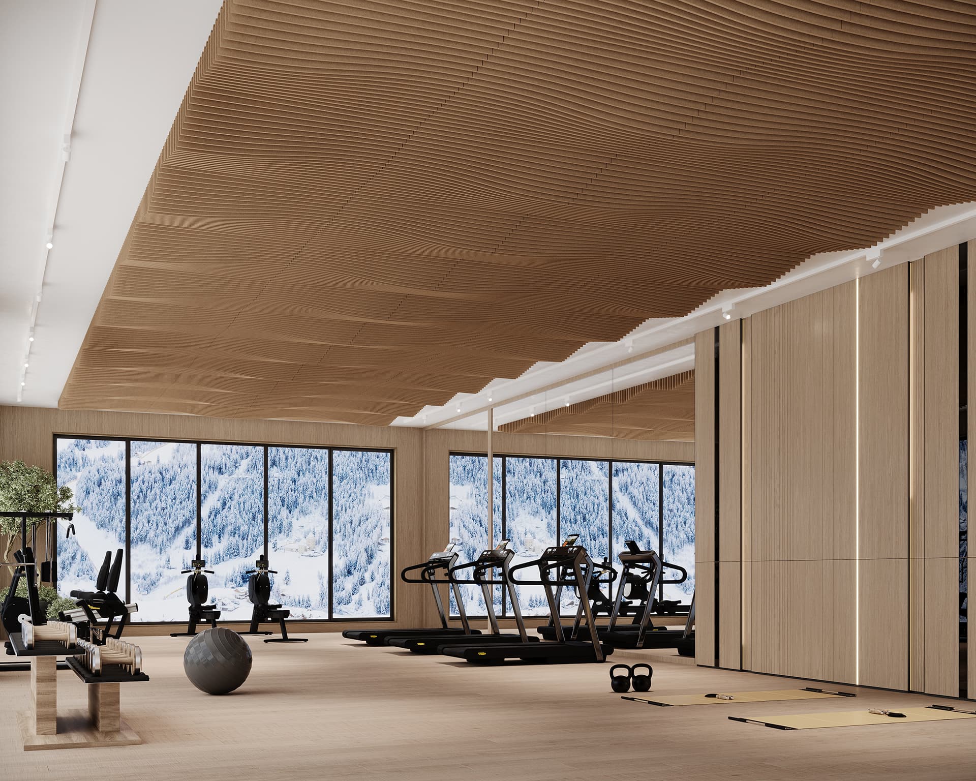 Modern gym with wooden accents featuring treadmills, exercise bikes, and a yoga ball, all under a slatted acoustic felt ceiling. Large windows reveal a snowy mountain landscape, enhancing the peaceful ambiance.