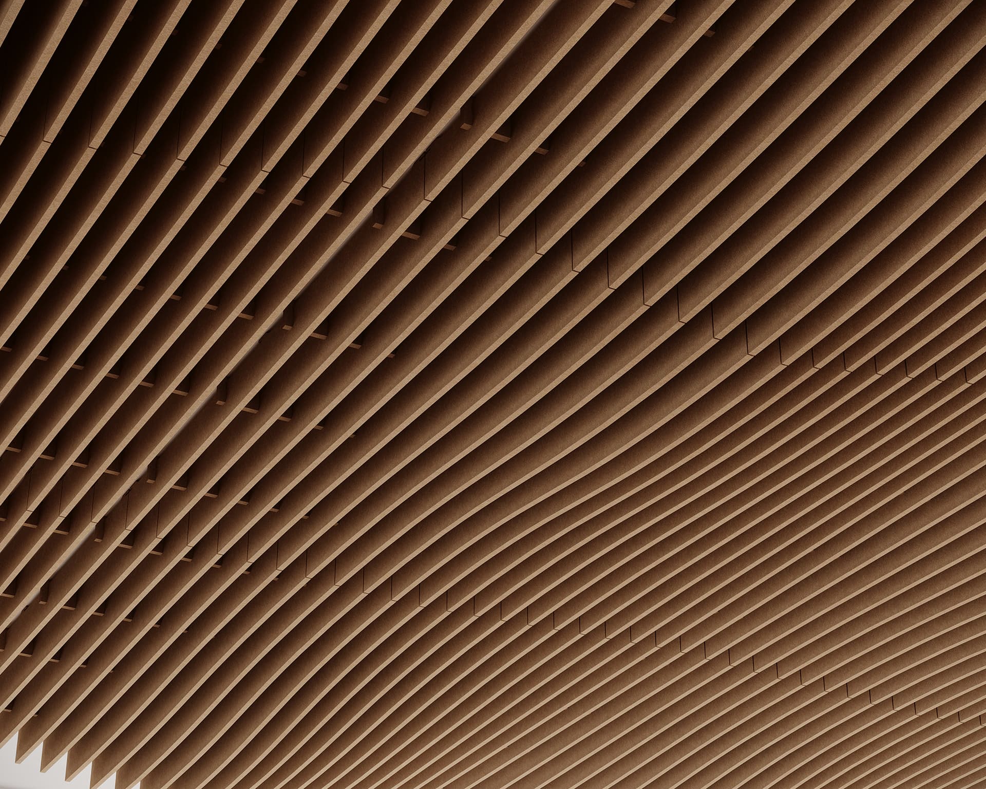 Acoustic felt slats arranged in a grid pattern on a ceiling, creating a textured, wavy surface. The brown tones and shadows add depth and dimension to the geometric design.