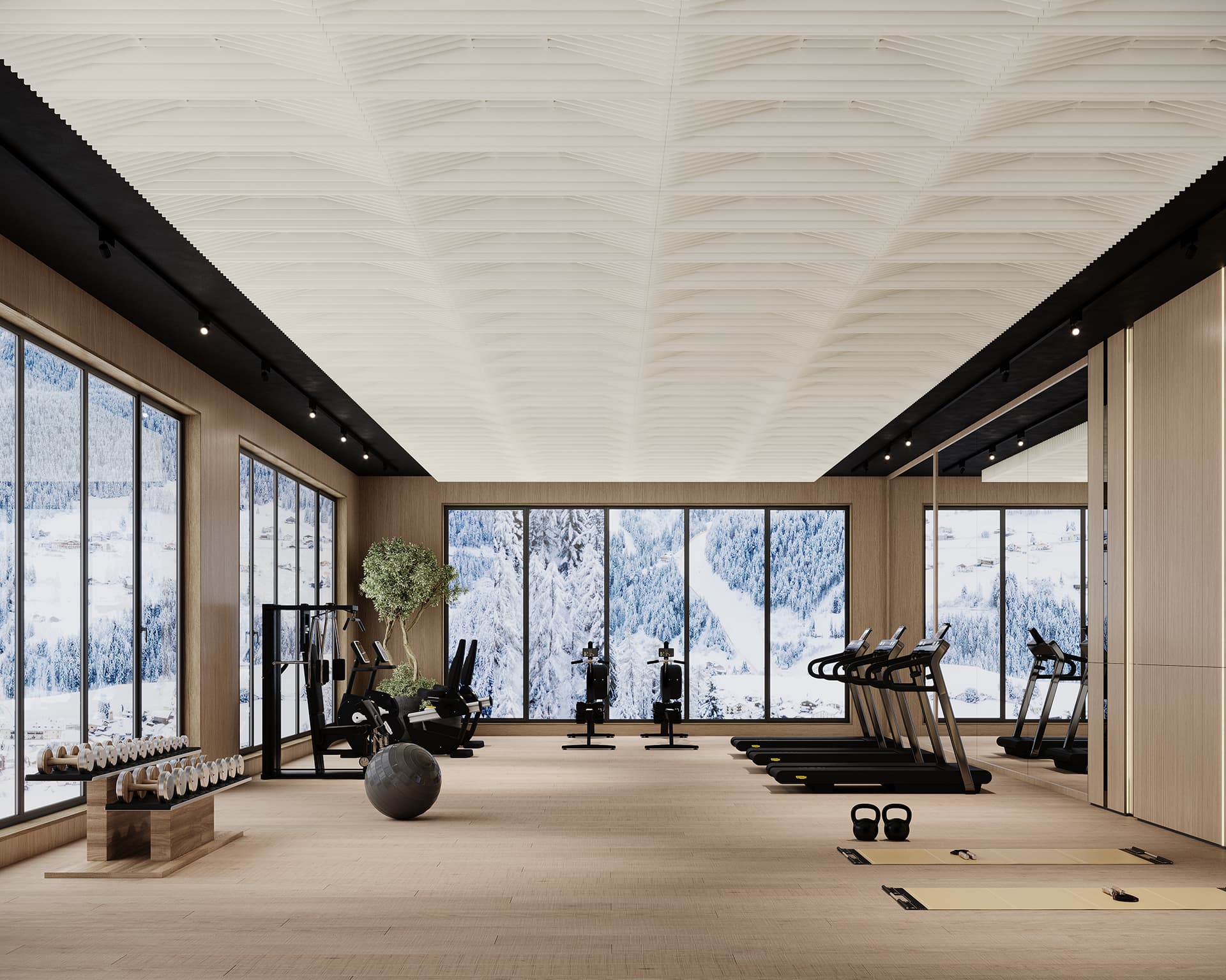 Modern gym with large windows showcasing a snowy mountain view. The room is equipped with treadmills, exercise bikes, yoga mats, weights, and a medicine ball. Wooden flooring and an acoustic felt ceiling add a cozy touch to the space.