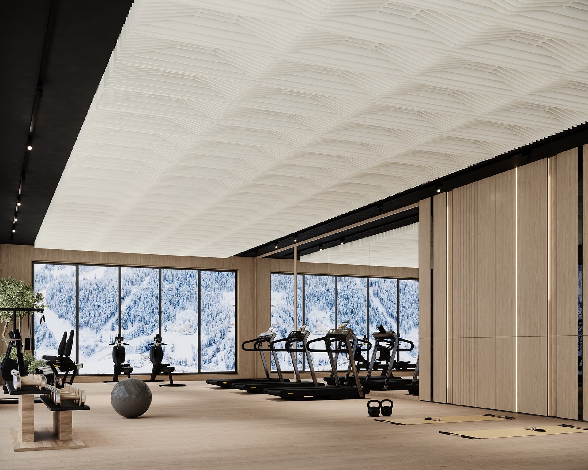 Spacious modern gym with wooden floors, treadmills, exercise equipment, and large windows showcasing a snowy mountain view. Minimalist design with a light, textured acoustic felt ceiling and partitioned spaces.