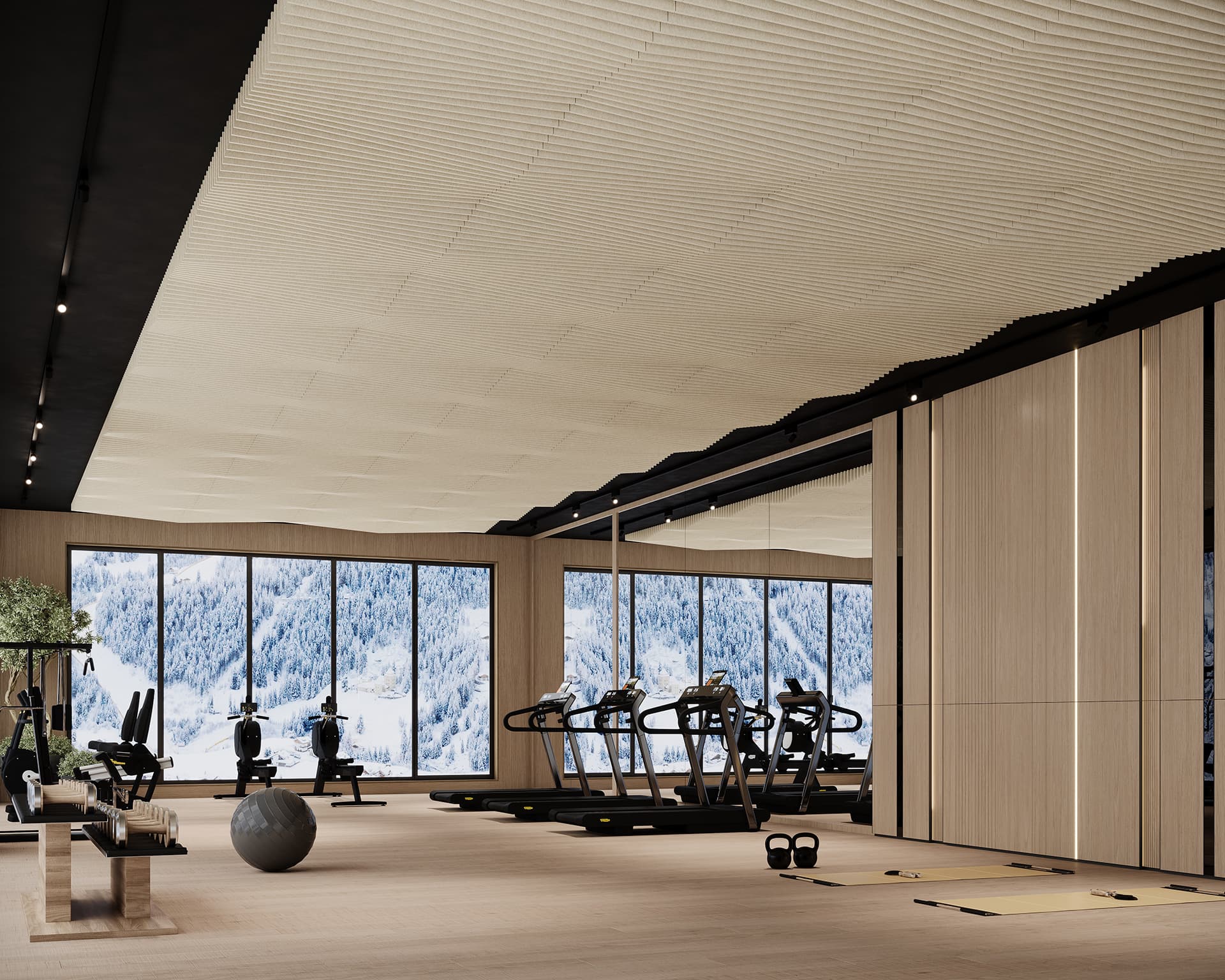 Modern gym interior with large windows displaying a snowy mountain view. The gym features treadmills, exercise bikes, a gym ball, and strength training equipment. The space has a light wood floor and a high acoustic felt ceiling, creating an open, airy feel.