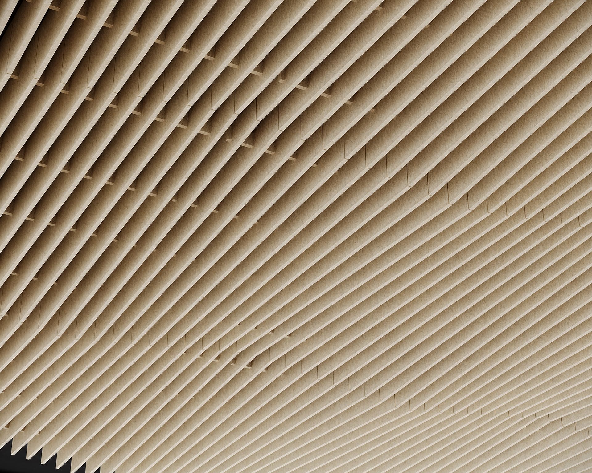 The image shows an acoustic felt ceiling with an array of evenly spaced wooden slats that form stripes. The perspective is from below, creating a pattern of lines receding into the distance. The slats are light brown, and the overall appearance is geometric.