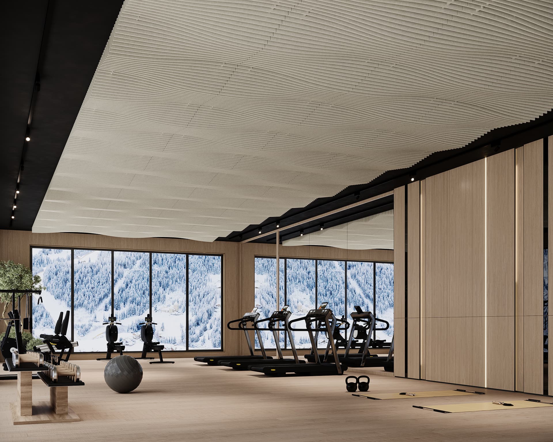 A modern gym with large windows showcasing a snowy mountain landscape. The room features treadmills, exercise bikes, a gym ball, and various equipment on a light wooden floor. The acoustic felt ceiling has a textured, wavy design.
