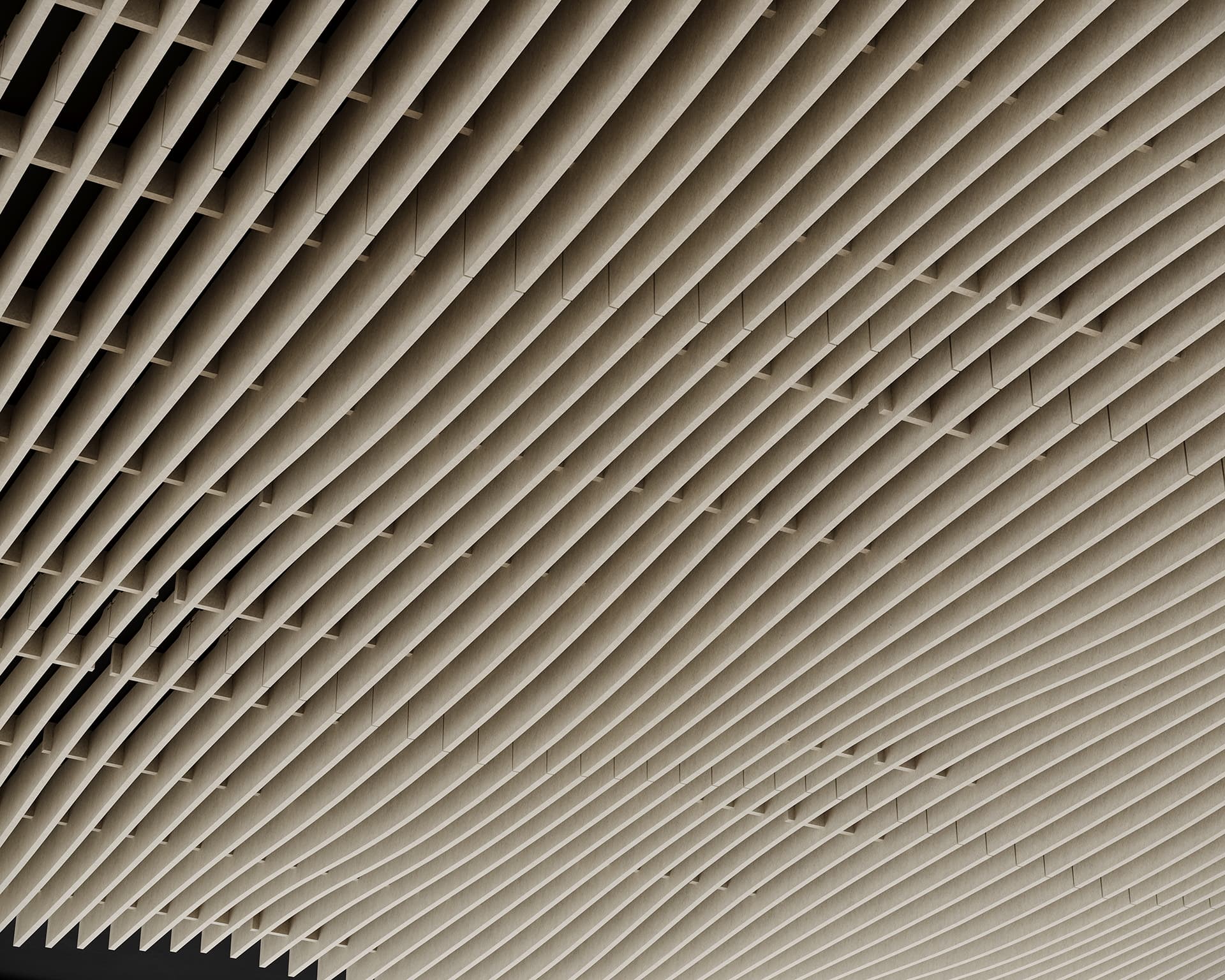 The image shows an abstract acoustic felt ceiling design with a grid-like pattern of parallel beige slats, creating a wave-like effect. The structure displays depth and texture, with light casting soft shadows between the slats.