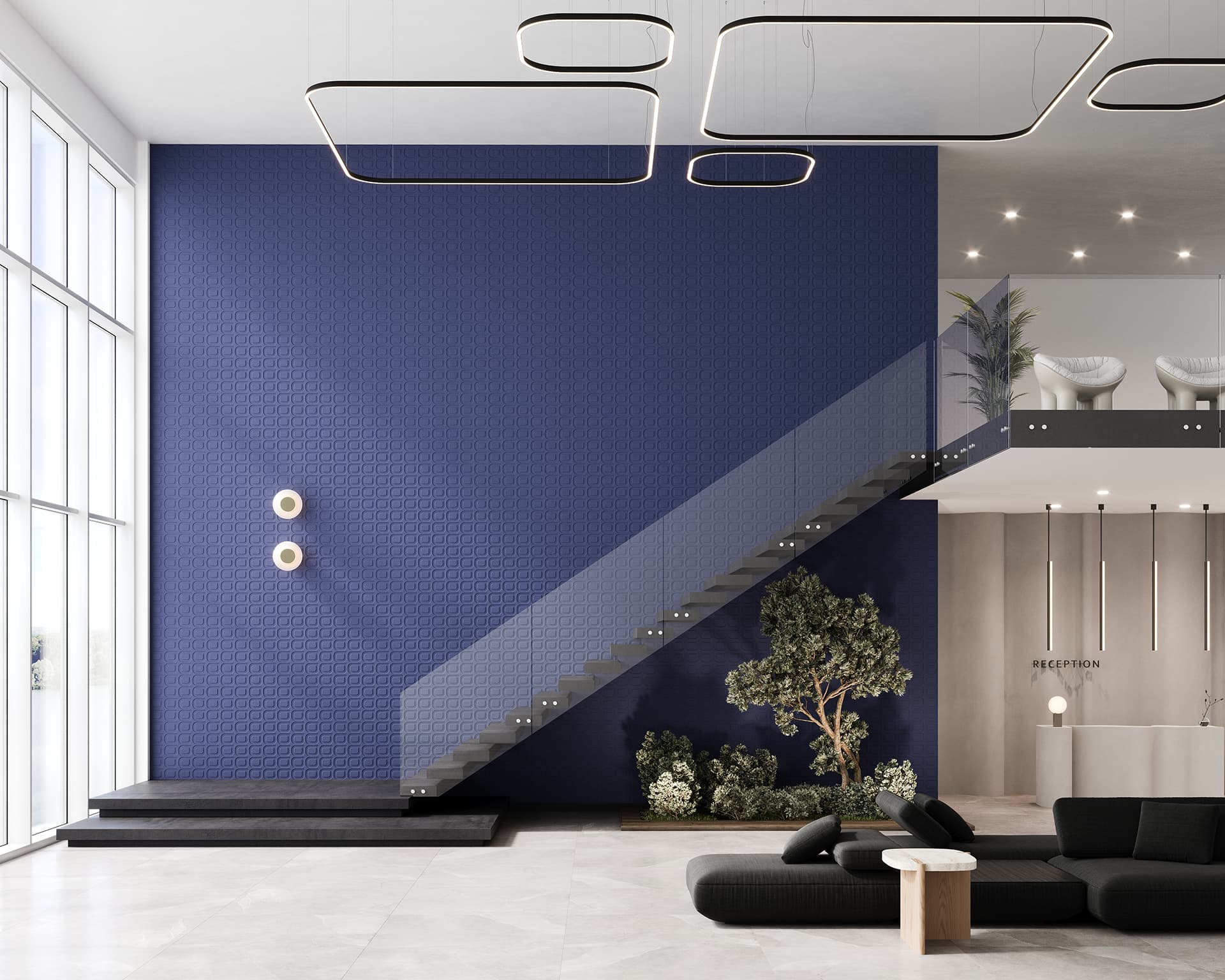 Modern interior with a blue acoustic felt accent wall, featuring a floating glass staircase. There's minimalistic furniture, such as a black couch, and greenery. Overhead, geometric ceiling lights hang, and a sleek reception area is visible on the upper level.