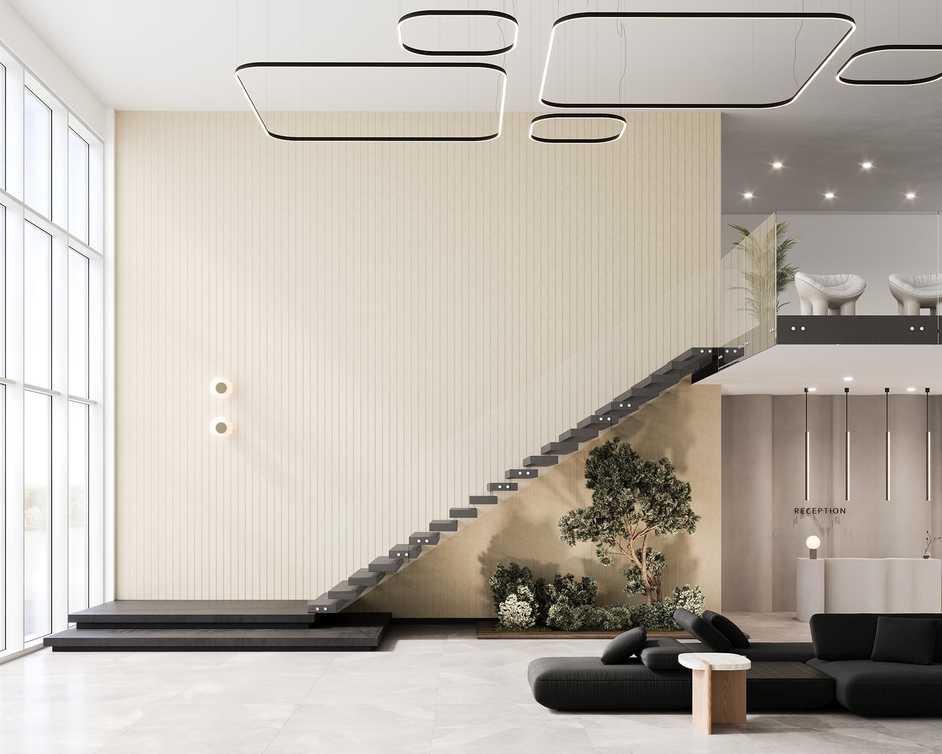 Minimalist lobby with a floating staircase, acoustic felt accent wall, contemporary lighting, and modern decor. A vertical garden accents the stairs. Large windows illuminate the space, featuring a reception desk with sleek design elements.