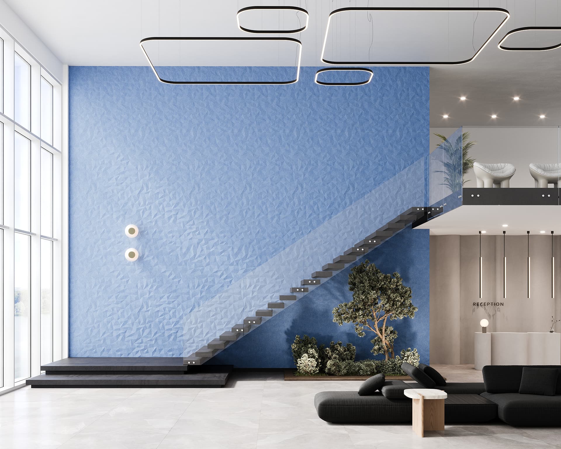 A modern interior with a floating staircase against a textured blue acoustic felt wall, accented by circular wall lights. Below, a minimalist black seating area and greenery. Above are geometric ceiling lights and a reception area to the right.