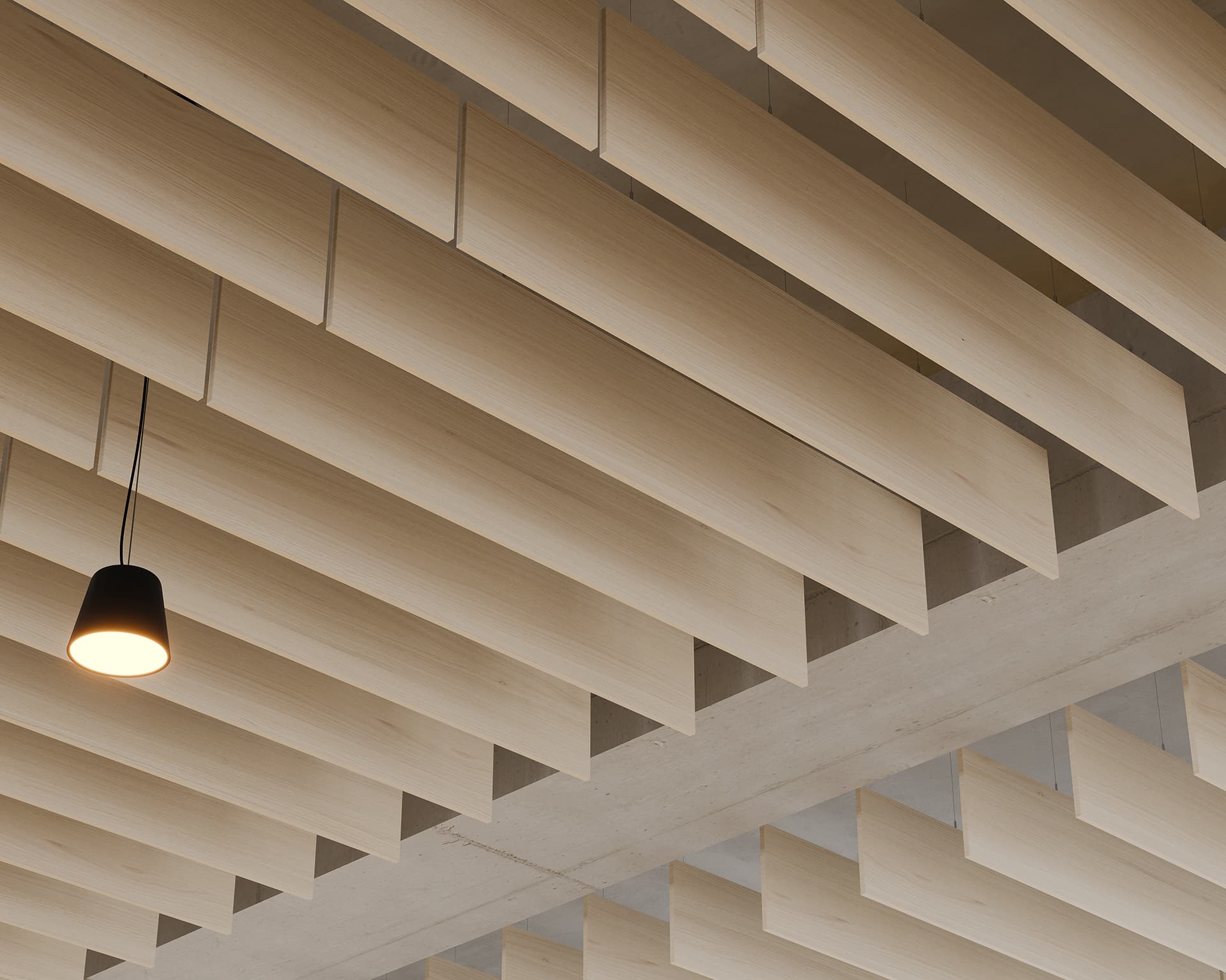 Suspended woodgrain acoustic felt slats cover a ceiling, with a single black pendant light hanging and illuminated. The slats create a modern, geometric pattern, adding depth and texture to the room's design.