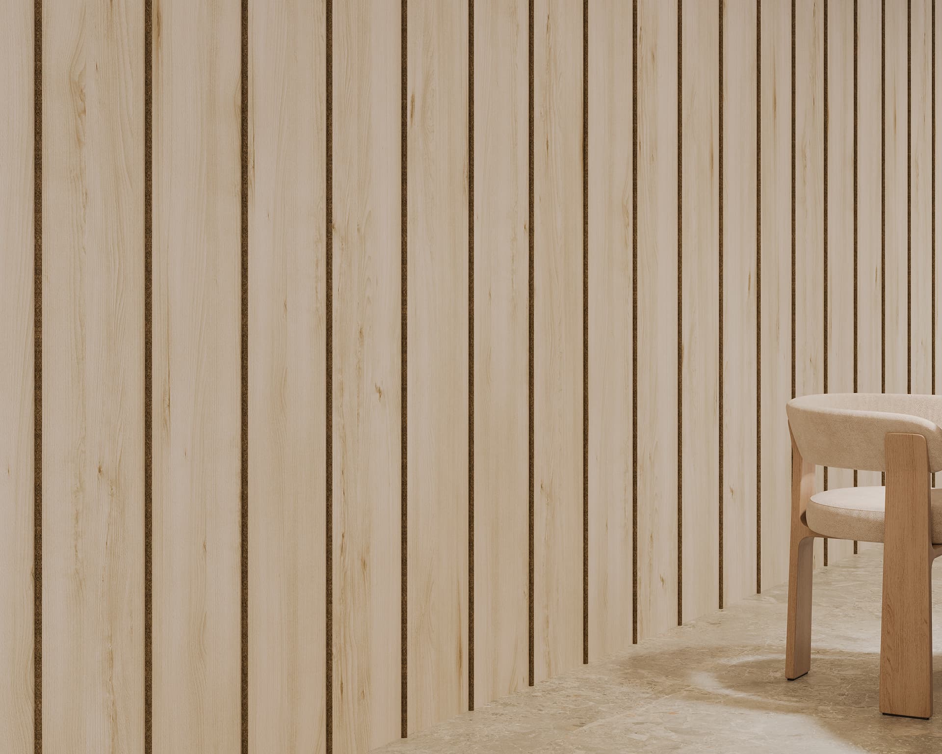 A minimalist room corner featuring vertical woodgrain acoustic felt paneling on the walls and a light wooden chair on a beige floor. Natural light casts soft shadows, creating a warm and serene ambiance.