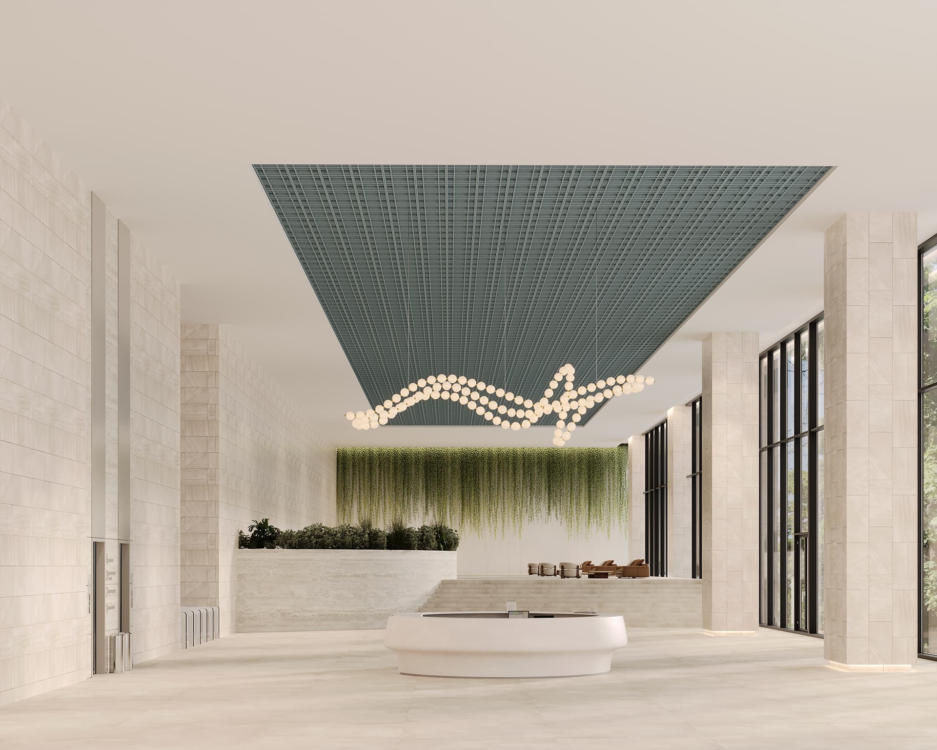 Modern hotel lobby with light stone walls and floor, a central circular reception desk, and large windows. A wavy chandelier hangs from a textured acoustic felt ceiling panel. Lush greenery decorates the back wall.
