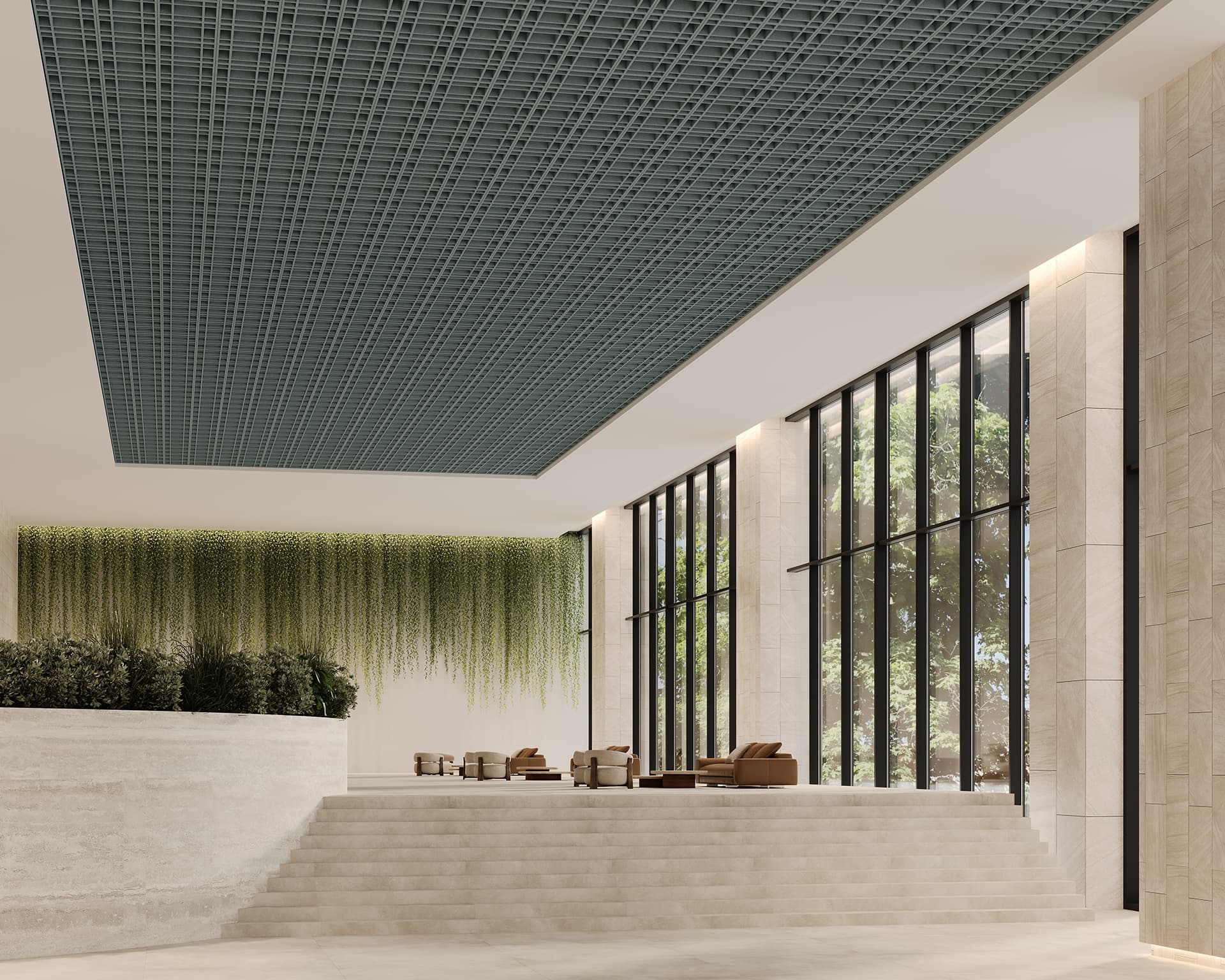 Modern lobby with high ceilings featuring an acoustic felt grid design. Tall windows on the right show greenery outside, while the left wall is adorned with cascading plants. Steps lead to a seating area with light-colored chairs and tables.