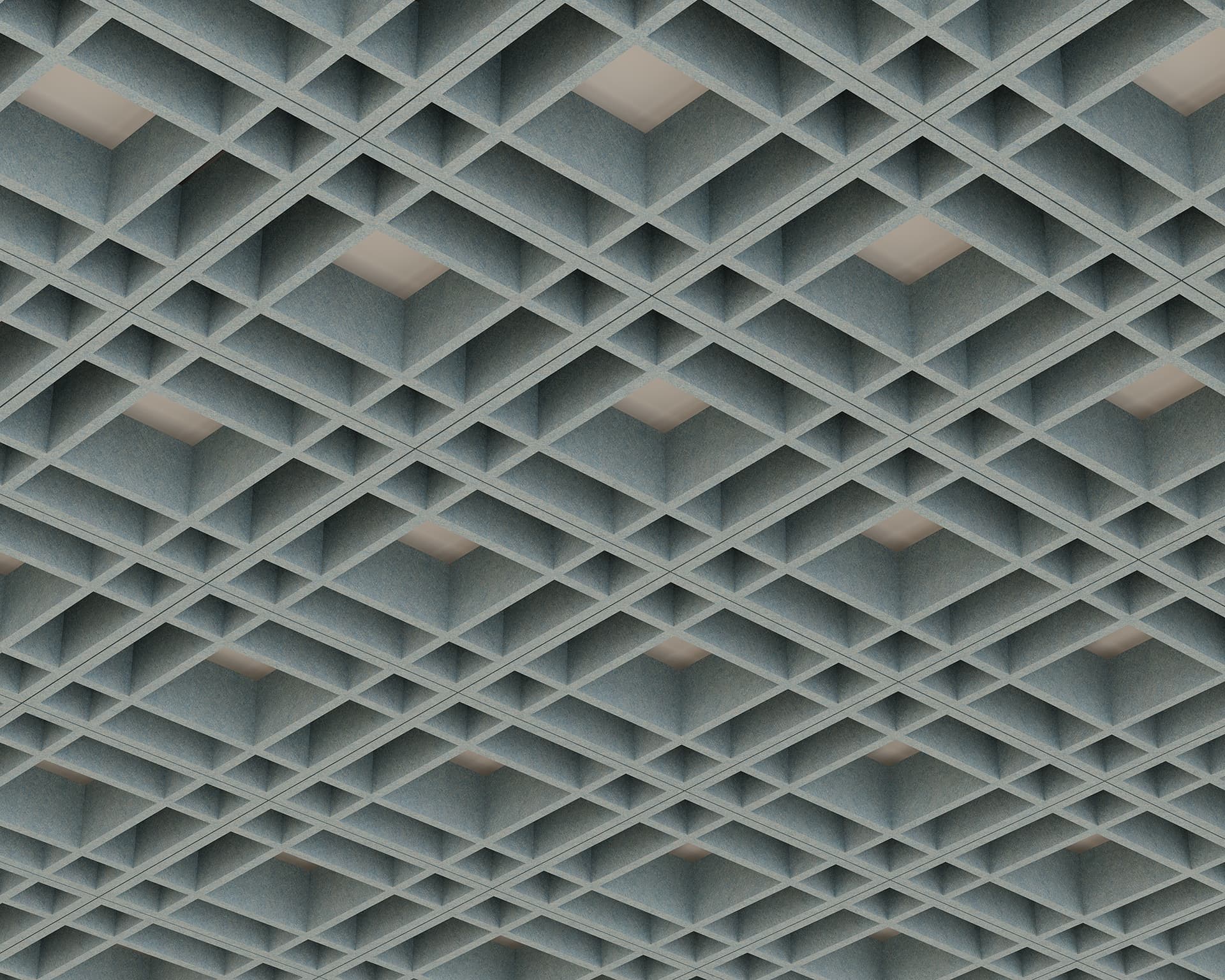 An acoustic felt ceiling featuring a geometric pattern of square, recessed tiles arranged in a grid. The pattern creates a sense of depth and repetition, with lighting subtly illuminating the design from within some of the recessed squares.