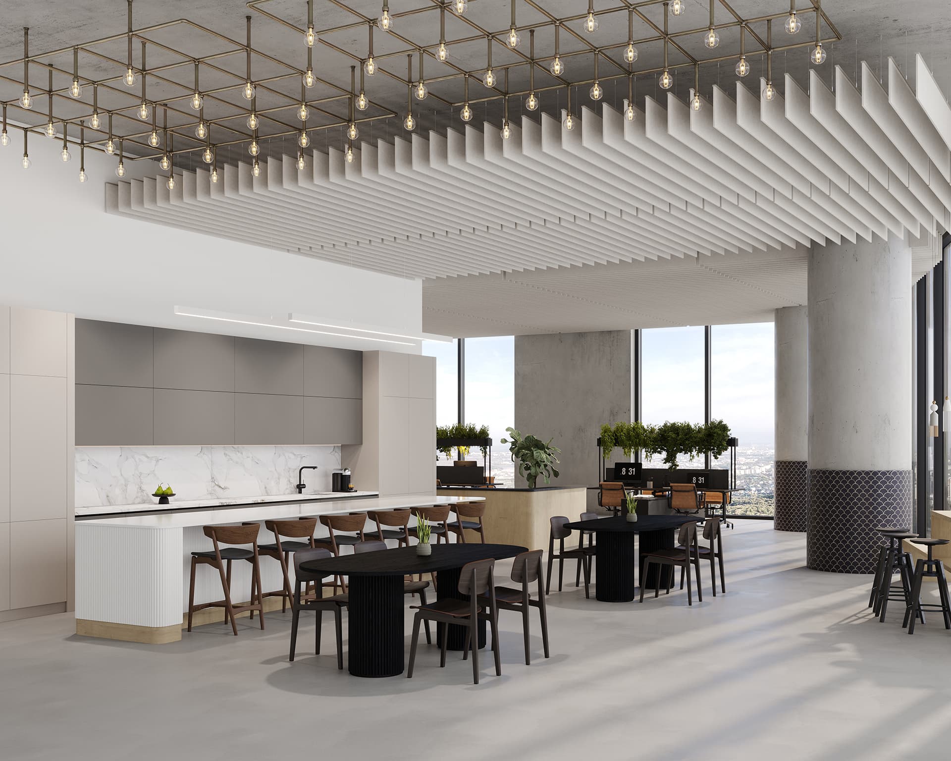Modern office kitchen with a marble countertop, wooden tables, and assorted chairs. Pendant lights hang from a structured ceiling with decorative acoustic felt baffles. Large windows offer city views, while plants add greenery to the space.
