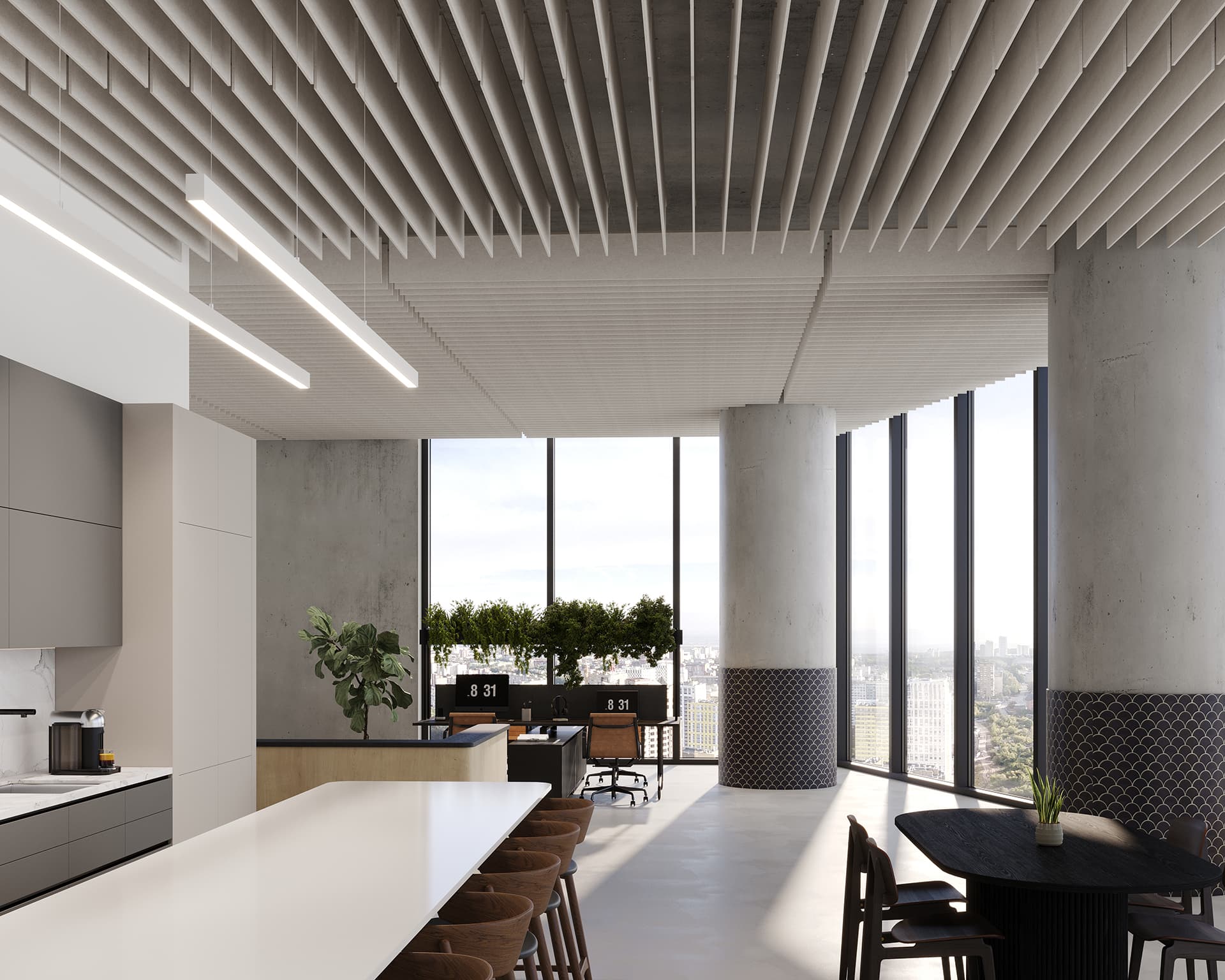 A modern high-rise office features a bright interior with large windows overlooking a city skyline. It has a sleek kitchen area, acoustic felt baffles lining the ceiling, a long white table with brown chairs, a round black table, and plants adorning the space.