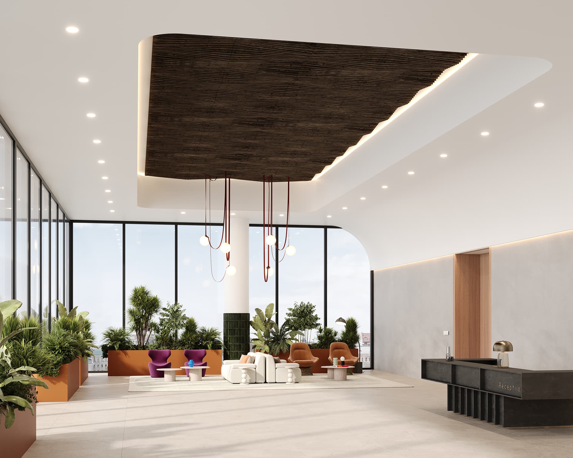 Modern lobby with floor-to-ceiling windows, woodgrain acoustic felt ceiling, and contemporary furniture. Includes seating areas with colorful chairs and sofas, plants, and a sleek reception desk. Natural light fills the spacious area.
