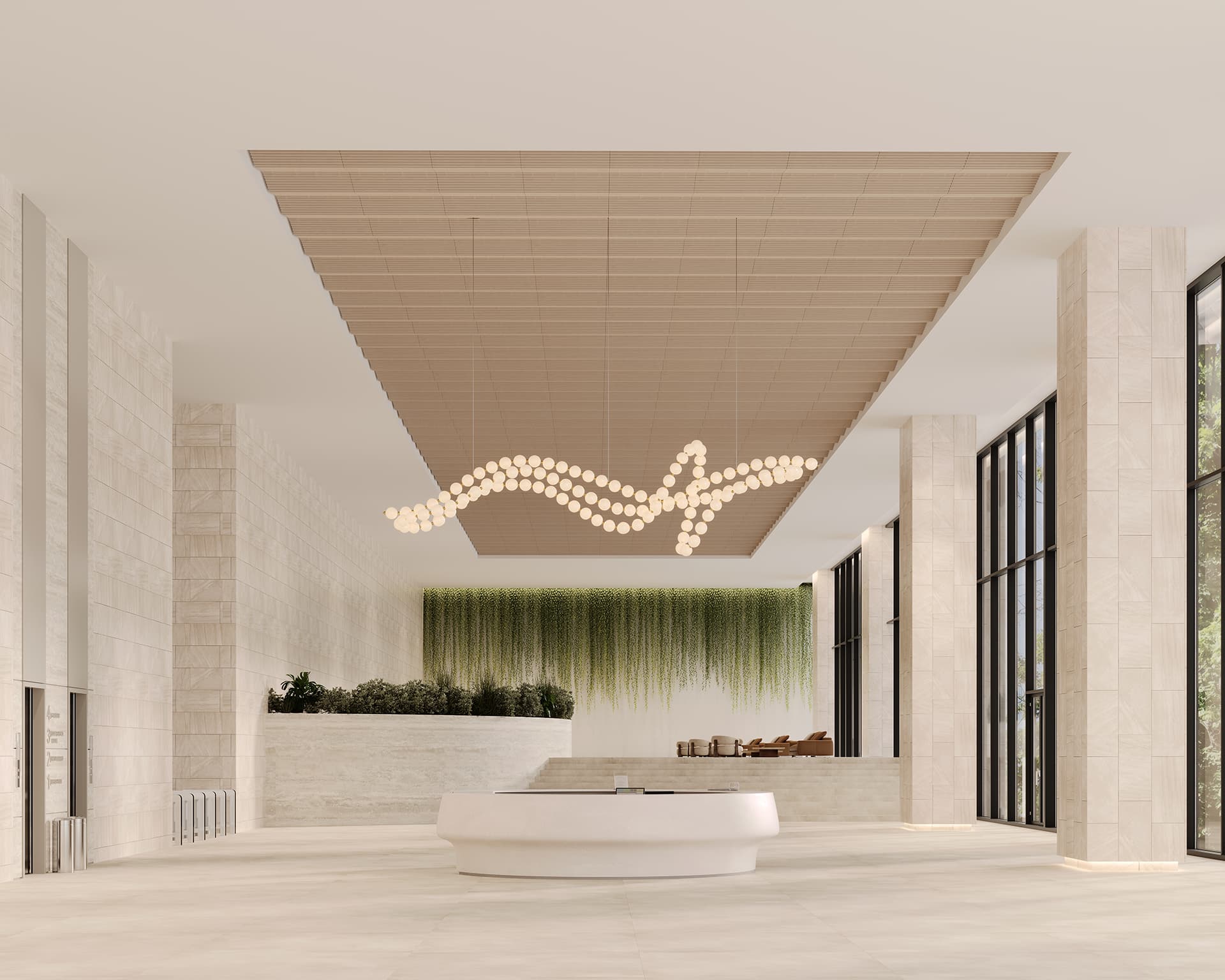 A spacious modern lobby with a large rectangular acoustic felt ceiling feature and a wavy light fixture. Walls are light-colored with vertical greenery on one side. Floor-to-ceiling windows allow natural light. A central, round reception desk is present.