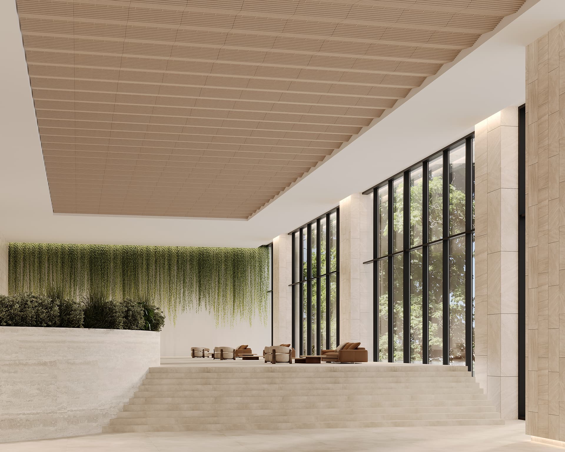 Modern lobby with high acoustic felt ceilings, featuring large windows overlooking greenery. The space has a tiered seating area with beige armchairs, a beige tiled floor, and a wall adorned with hanging plants for a natural touch.