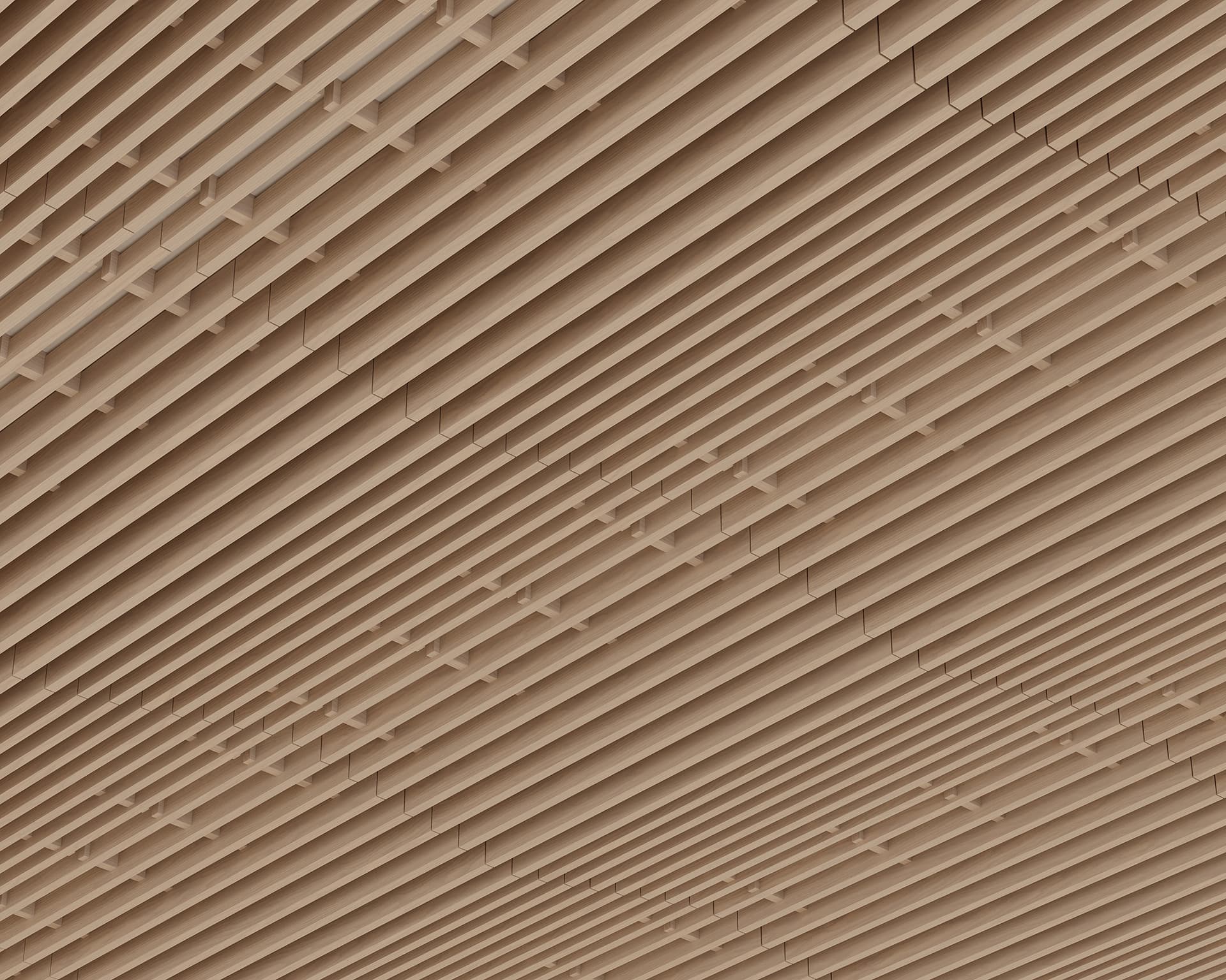 Woodgrain acoustic felt ceiling with evenly spaced parallel slats creating a geometric pattern. The slats form a series of angled lines, resulting in an abstract, modern design. Soft shadows accentuate the textures and depth of the structured layout.