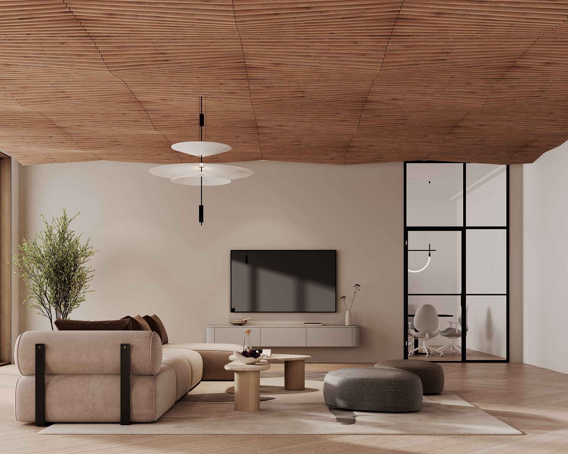 Modern living room with a beige sofa, round wooden coffee table, and two gray poufs on a light rug. A flat-screen TV is mounted on the wall above a sleek console. A potted tree adds greenery. The ceiling is woodgrain acoustic felt with a unique pattern, and glass doors are on the right.