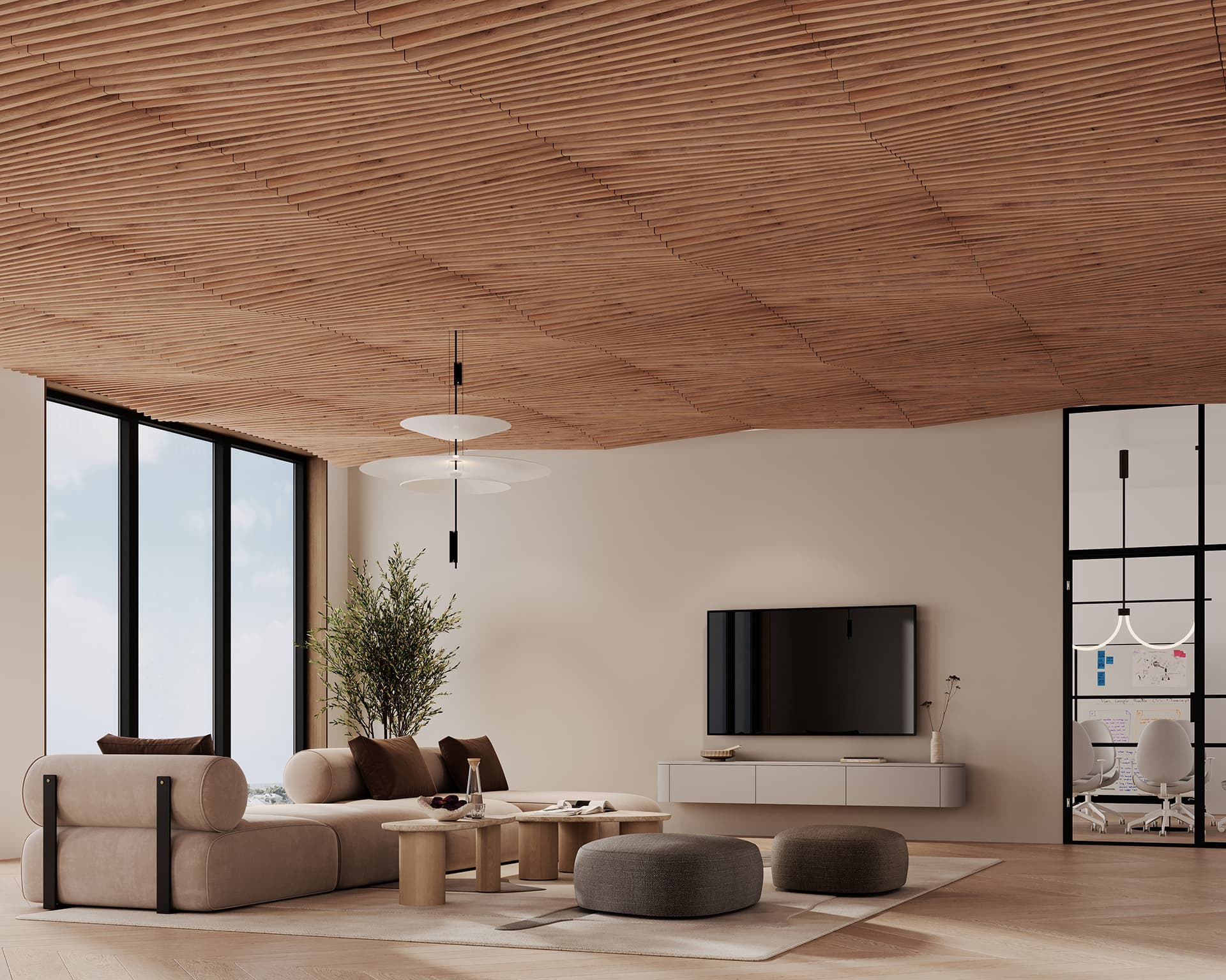 A modern living room with a woodgrain acoustic felt ceiling and large windows showing a blue sky. There's a beige sectional sofa, a wall-mounted TV, a table with decor, and round ottomans. A potted plant adds greenery to the corner.