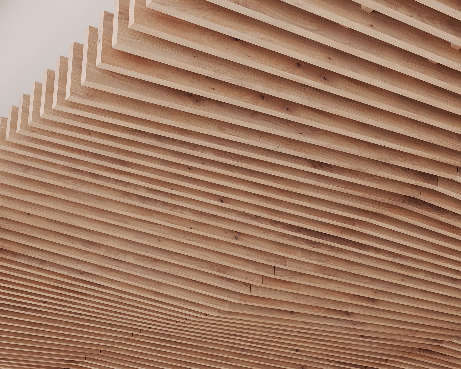 Close-up of a modern ceiling design featuring parallel woodgrain acoustic felt slats arranged at varying heights, creating a stepped pattern. The natural wood texture and tone contribute to a warm, sophisticated aesthetic.