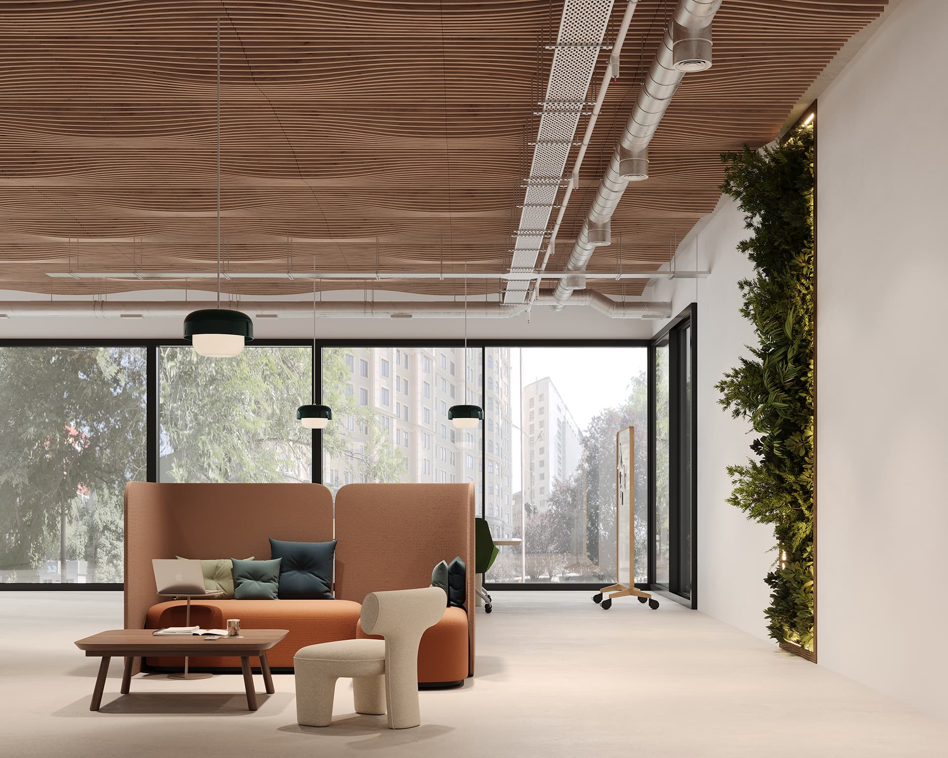 A modern office space features a high acoustic felt ceiling with woodgrain paneling and exposed ductwork. It has large windows, a green living wall, and stylish furniture including a curved sofa, armchair, and coffee table on a light floor.