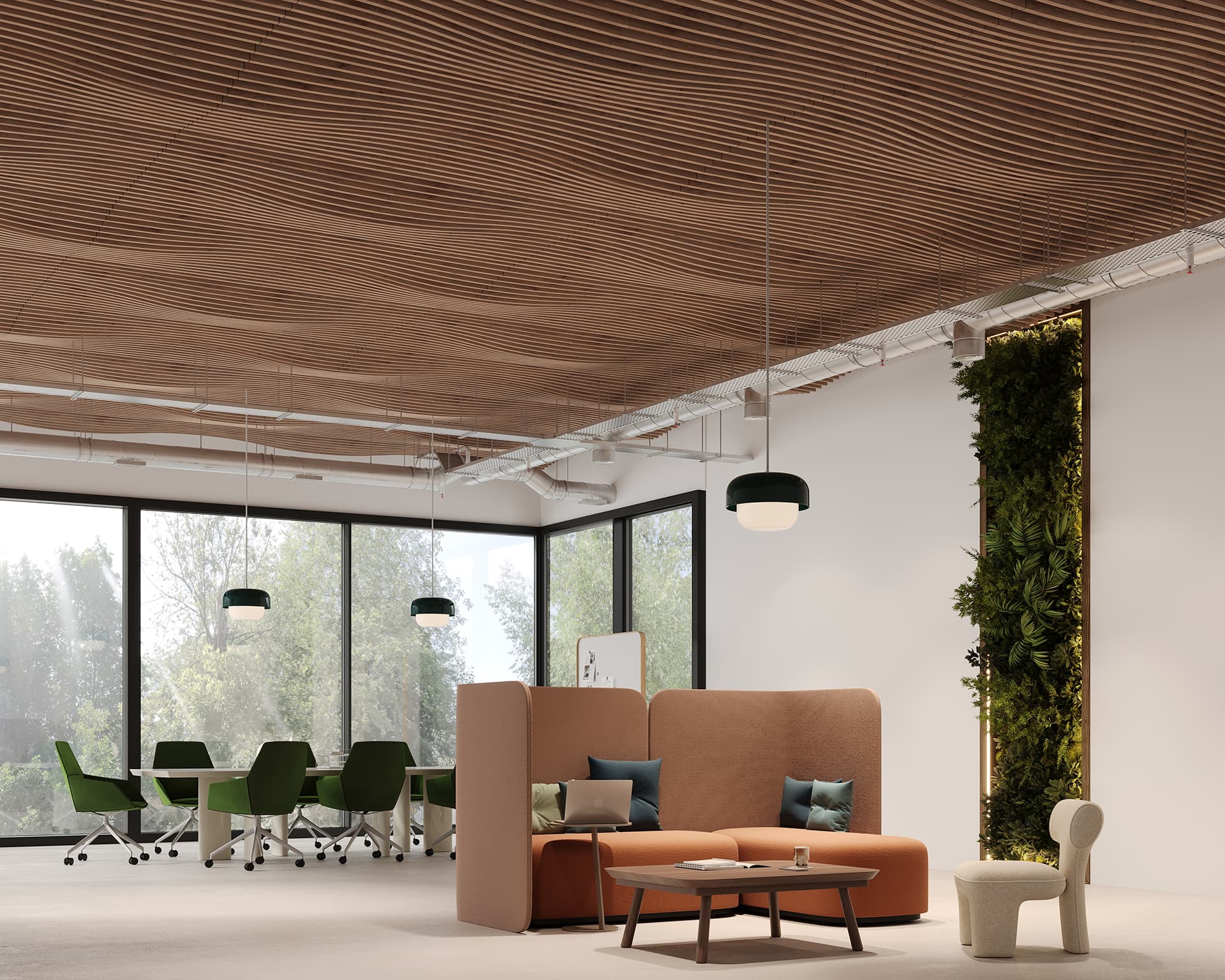 Modern office space with a lounge area featuring brown sofas and a low table. A vertical garden enhances one wall, while large windows provide natural light. Green chairs surround tables in the background, and pendant lights hang from an acoustic felt slatted ceiling.
