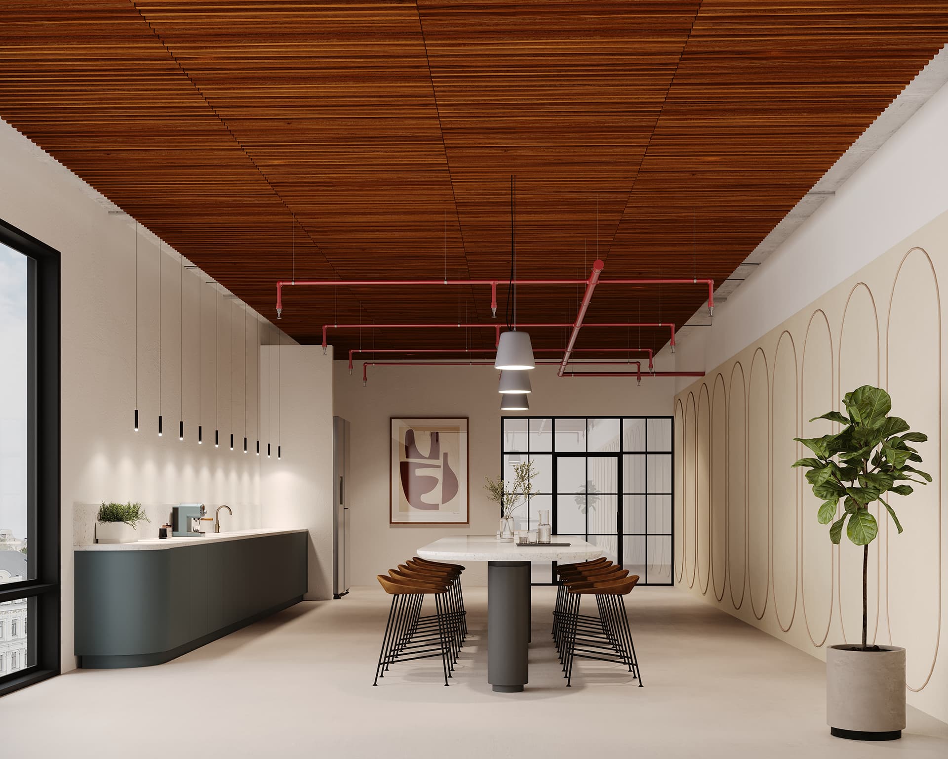 A modern kitchen with a large island and bar stools, featuring sleek cabinets. The ceiling is woodgrain acoustic felt, with visible red piping. A potted plant sits to the right, and large windows provide natural light. Artwork hangs on the wall.