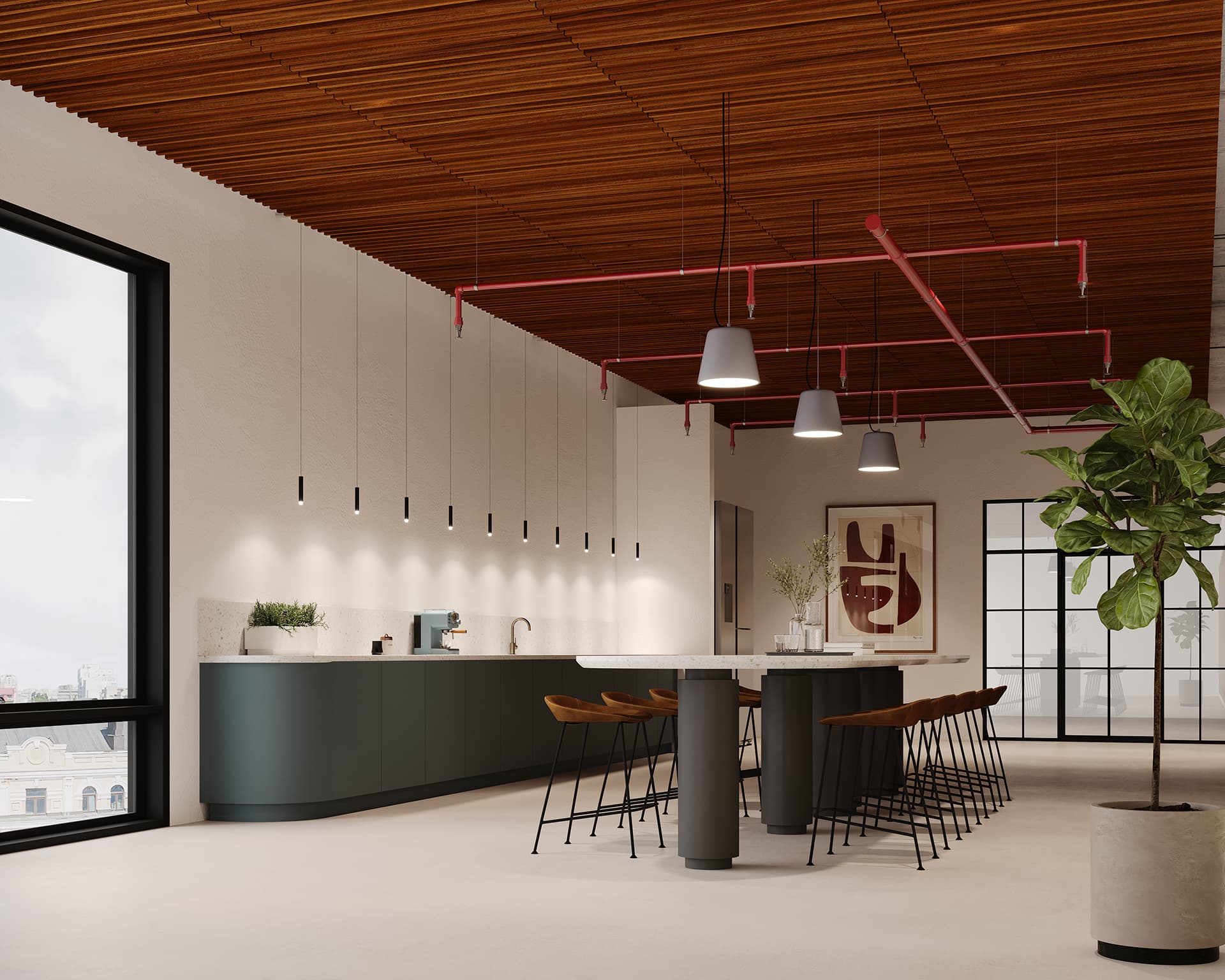 Modern kitchen with a woodgrain acoustic felt ceiling, pendant lighting, and large windows. Features a long island with bar stools, dark cabinets, and a potted plant. Artwork and minimalistic decor create a sleek, open atmosphere.