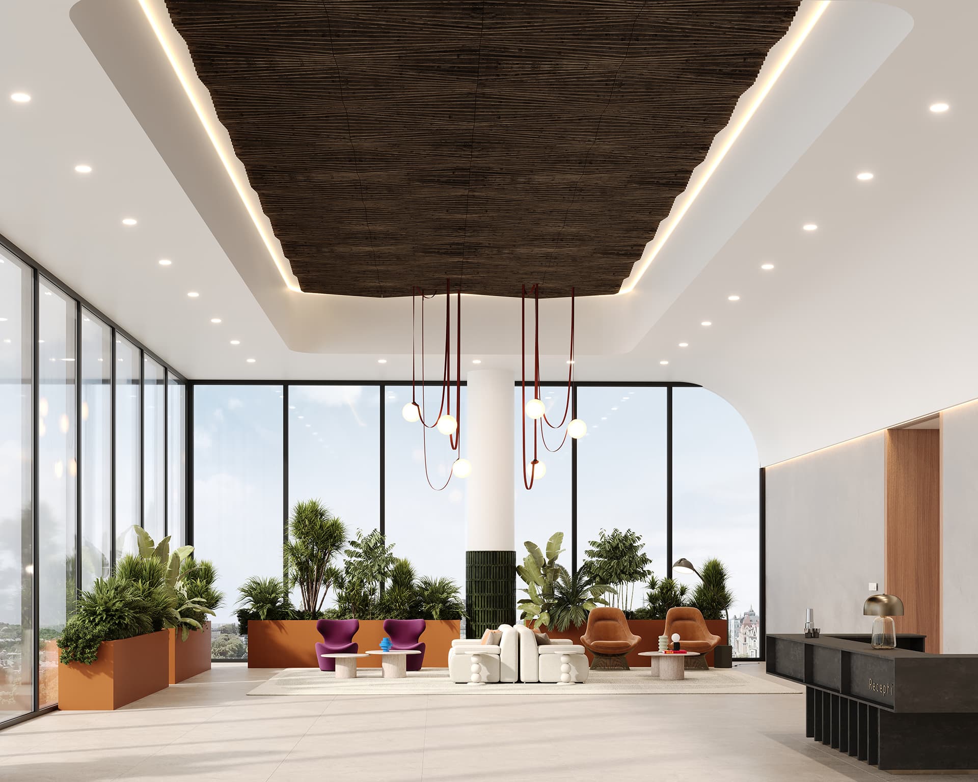 A modern lounge area with large windows and city views. It features colorful seating, including purple, brown, and white chairs. The space has lush green plants and a unique woodgrain acoustic felt ceiling with hanging light fixtures. A small reception desk is visible.