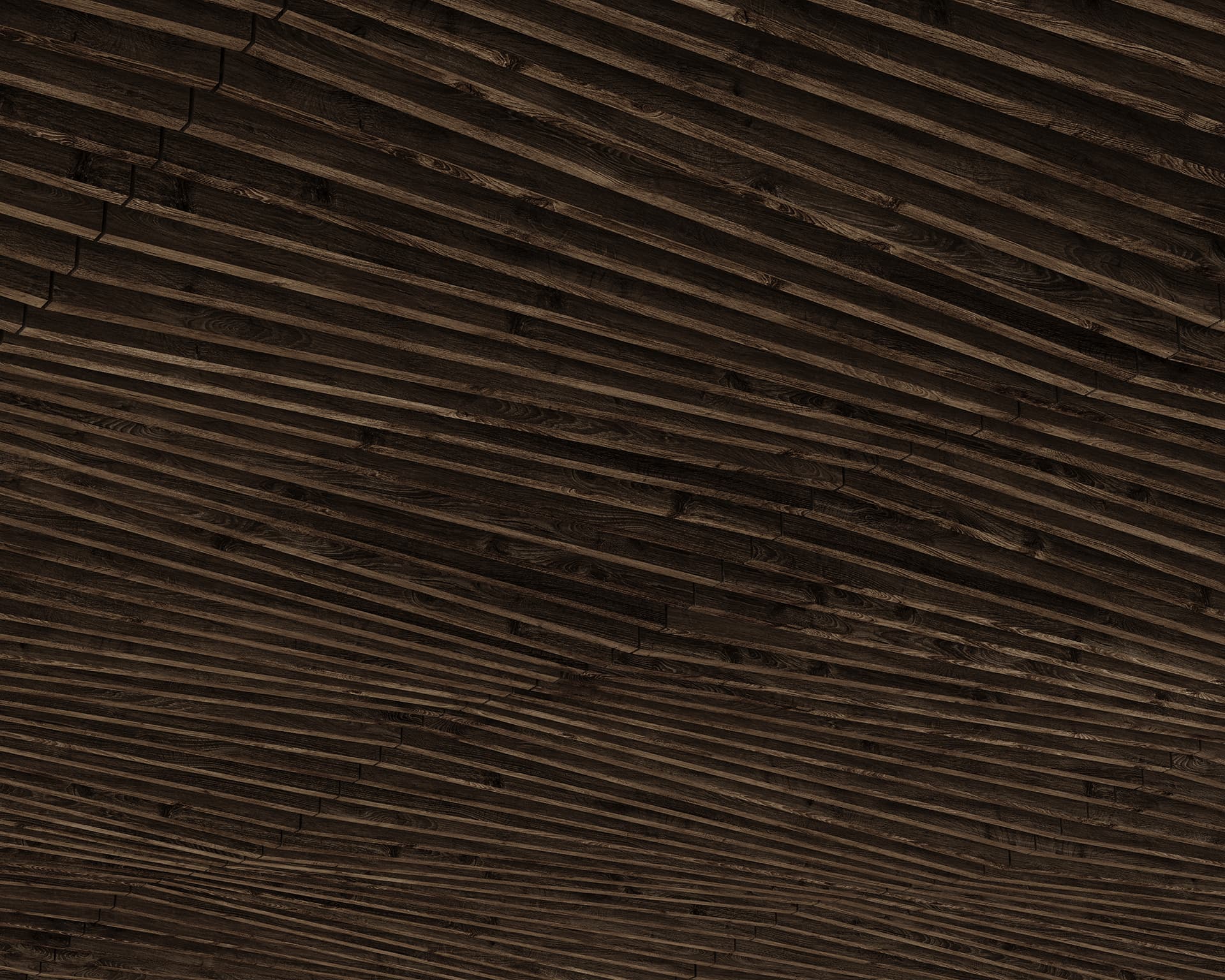 Close-up view of a textured woodgrain acoustic felt ceiling with overlapping, uneven slats arranged in a wavy pattern. The wood is dark in color, adding a sense of depth and warmth to the overall appearance.