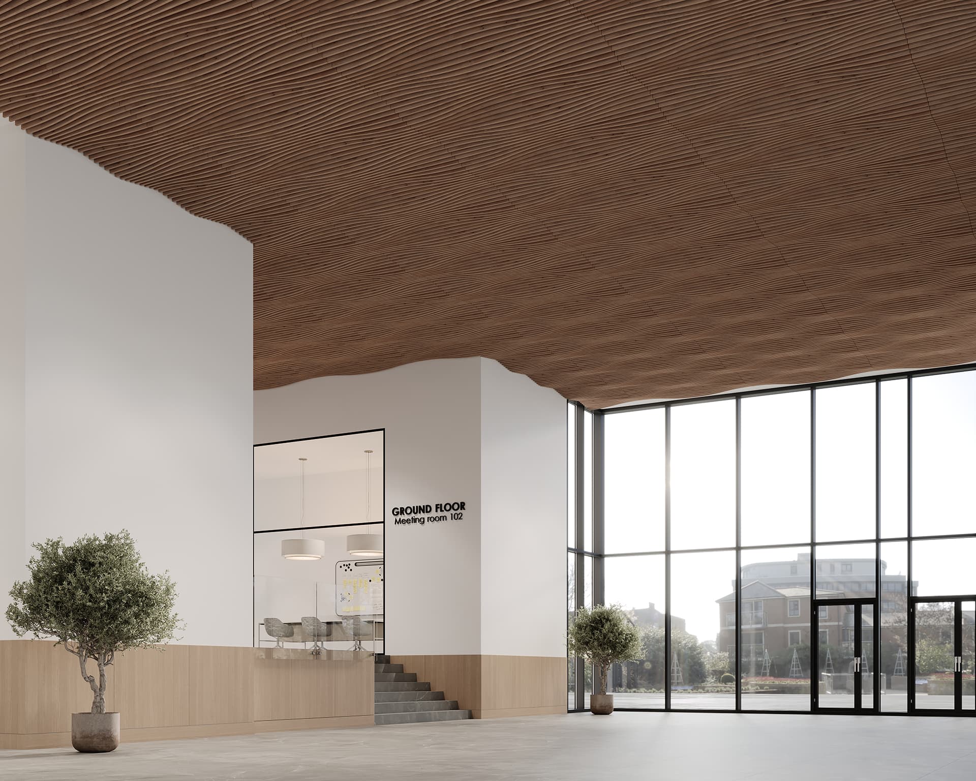Spacious modern lobby with large glass windows, woodgrain acoustic felt ceiling, and light-colored walls. Two potted trees are near the entrance. A staircase leads to a meeting room labeled "Ground Floor Meeting Room 002.