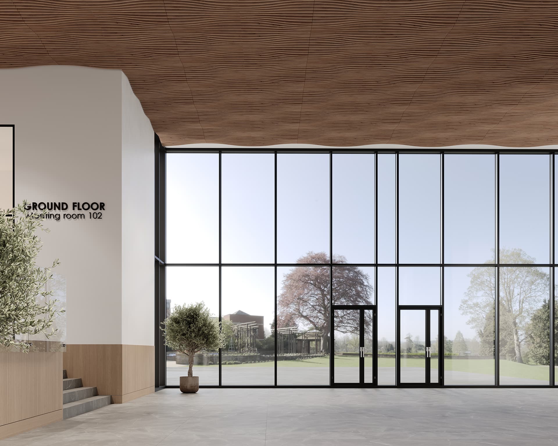 Modern lobby with large floor-to-ceiling windows showing a lush outdoor view. The space has a light woodgrain acoustic felt ceiling, minimalistic design, and indoor plants. A sign on the wall indicates directions to a meeting room on the ground floor.