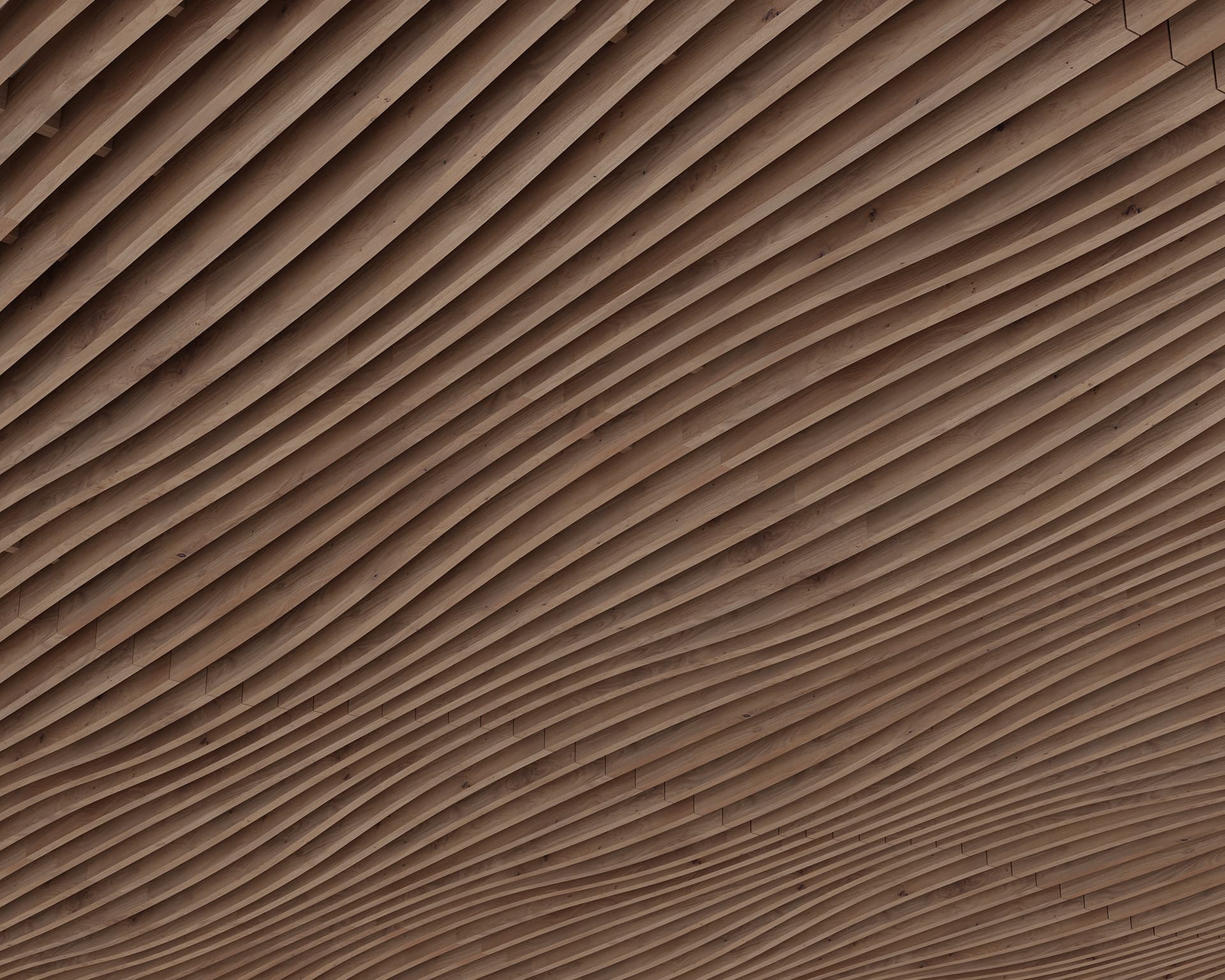An acoustic felt ceiling features a series of evenly spaced, wavy woodgrain slats running parallel to one another, creating an organic, undulating pattern. The warm tones of the wood add a natural, textured aesthetic to the architectural design.