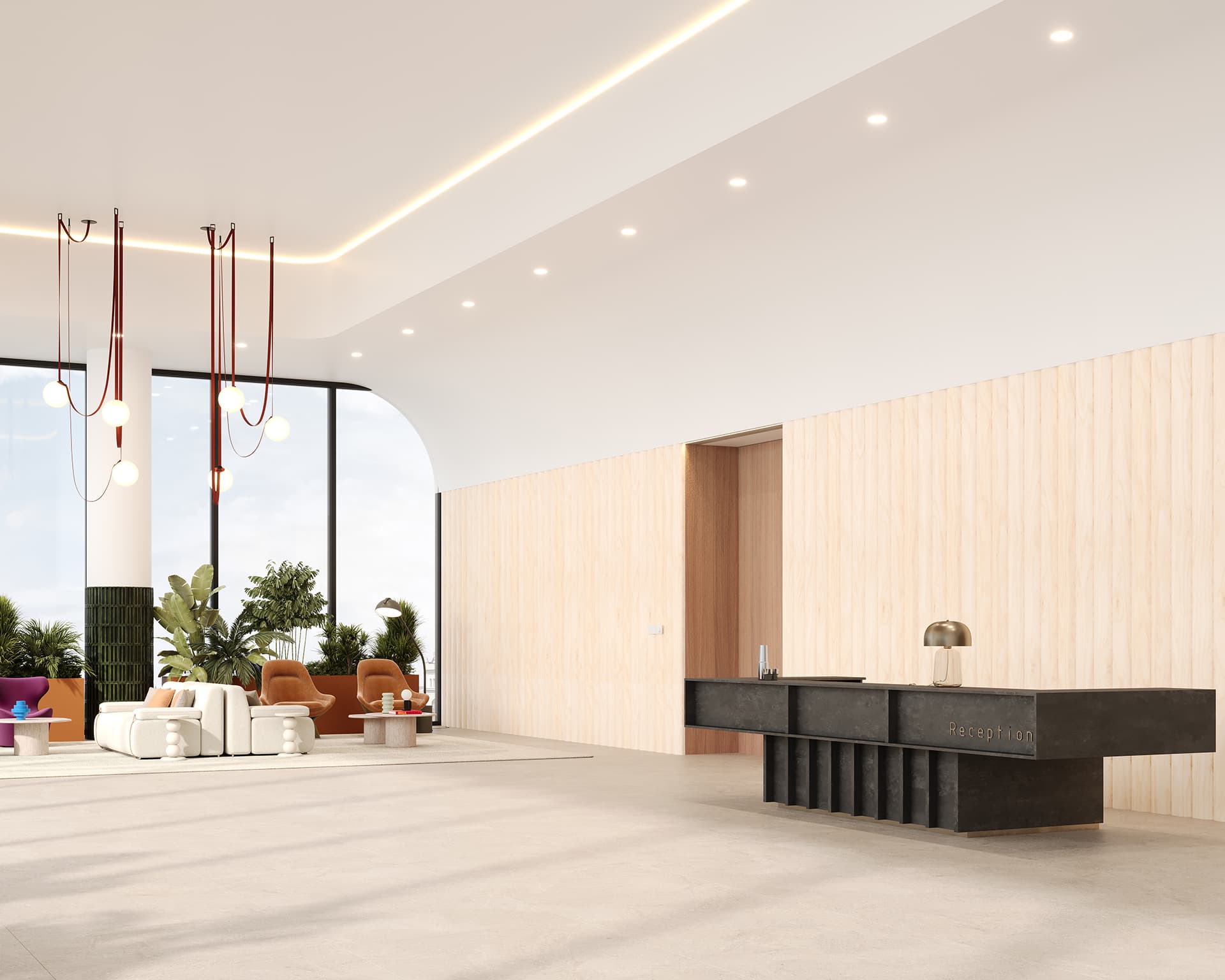 Spacious modern hotel lobby with light woodgrain acoustic felt paneling, minimalist black reception desk, and large windows. Features hanging pendant lights and a seating area with white sofas and brown chairs, surrounded by green plants.