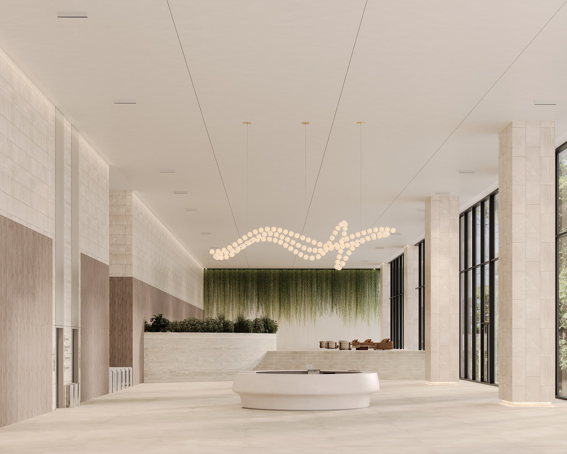 Spacious modern lobby with tall windows, light-colored marble flooring, and acoustic felt walls. A large, abstract chandelier hangs from the ceiling. A round reception desk is in the center, with vertical greenery on the back wall. Natural light floods the area.