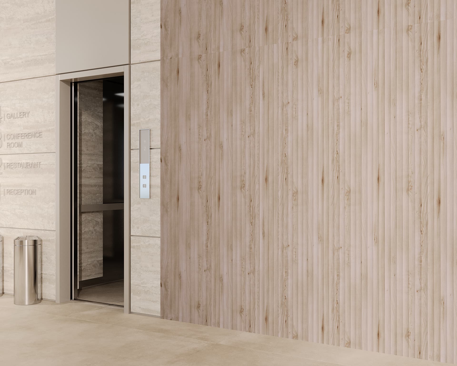 Elevator with open doors in a modern building lobby, featuring a light wood-textured acoustic felt wall and beige stone tiles. A vertical panel with buttons is next to the elevator, and a metallic trash can is nearby. Directory text is partially visible.