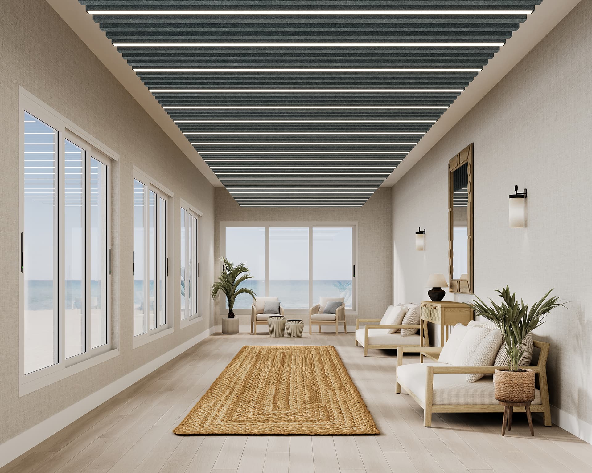 A modern, minimalist living room with large windows showcasing an ocean view. The space features light-colored sofas, a wooden console table, and indoor plants. The ceiling has dark acoustic felt baffles, and a woven rug runs along the light wood floor.