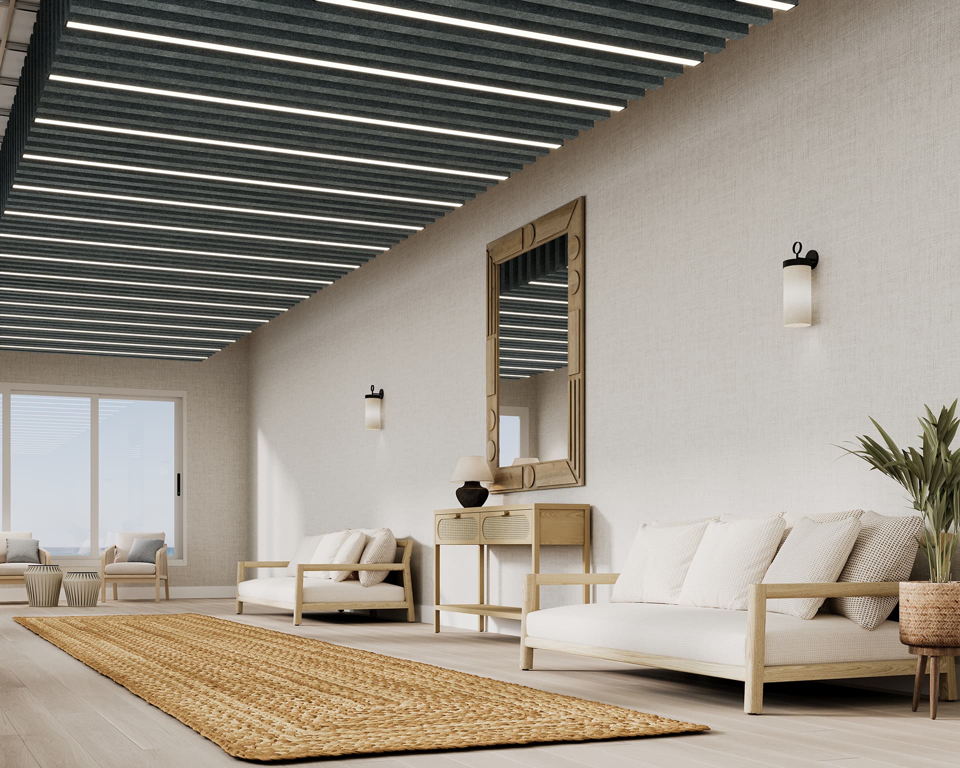 A spacious modern living room with beige walls, featuring two white sofas, a large mirror, a console table with a lamp, and a woven rug on the light wood floor. The room has a slatted acoustic felt ceiling and a large window letting in natural light.